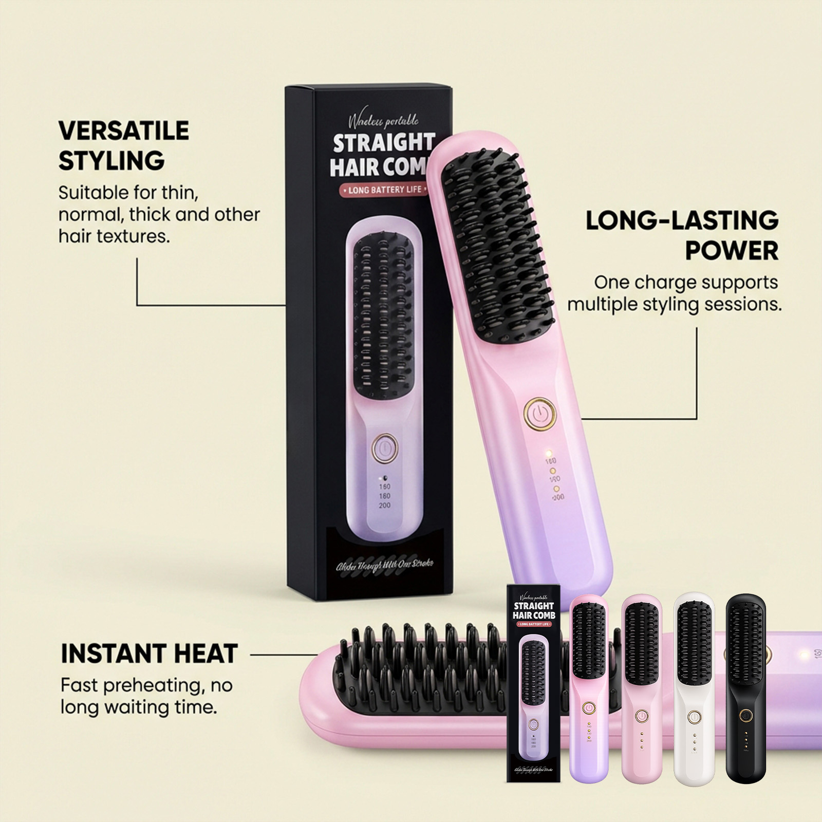 Gradient Color Portable Wireless Hair Straightening Comb Daily Scalp Massage Hair Care Styling