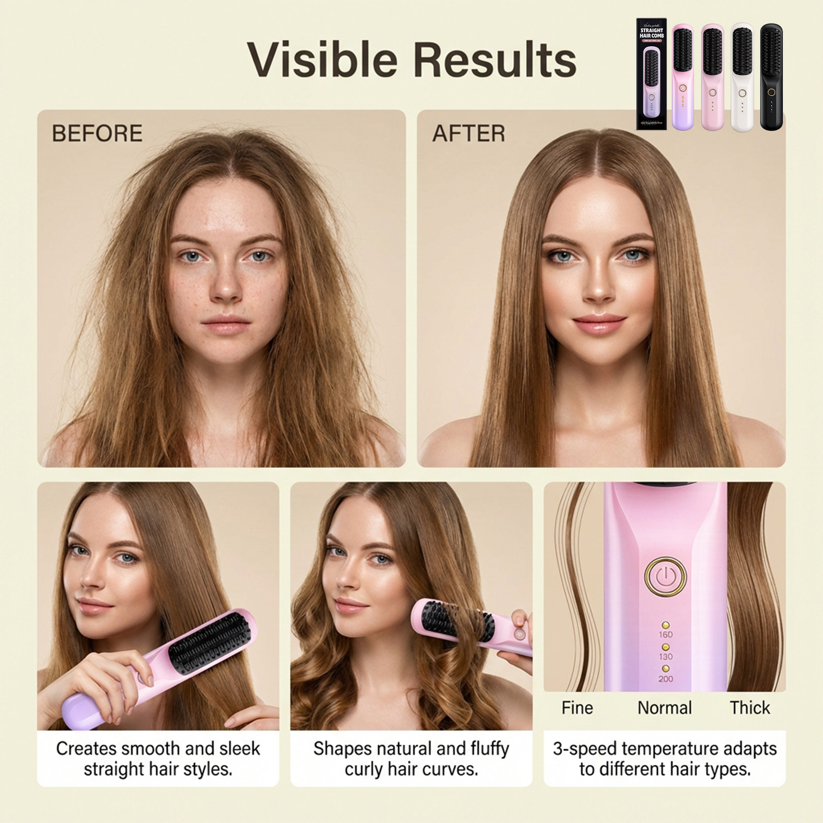 Gradient Color Portable Wireless Hair Straightening Comb Daily Scalp Massage Hair Care Styling