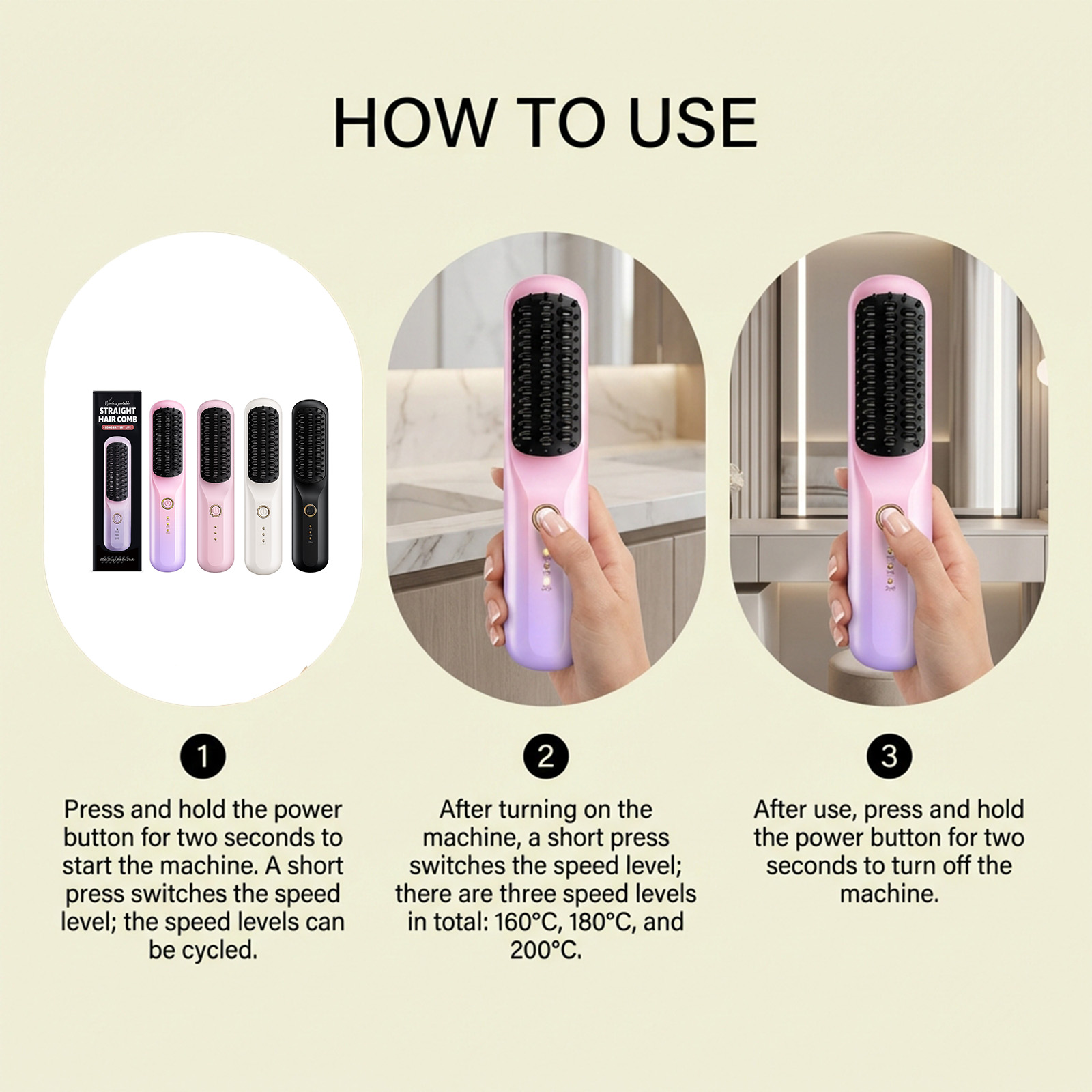 Gradient Color Portable Wireless Hair Straightening Comb Daily Scalp Massage Hair Care Styling