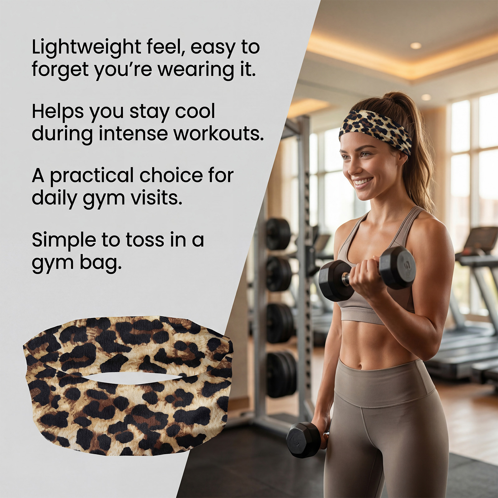 (Leopard Print) Elastic Sports Headband Soft Breathable Elastic Texture AntiSlip SweatAbsorbing Stable HairBinding Running Headscarf