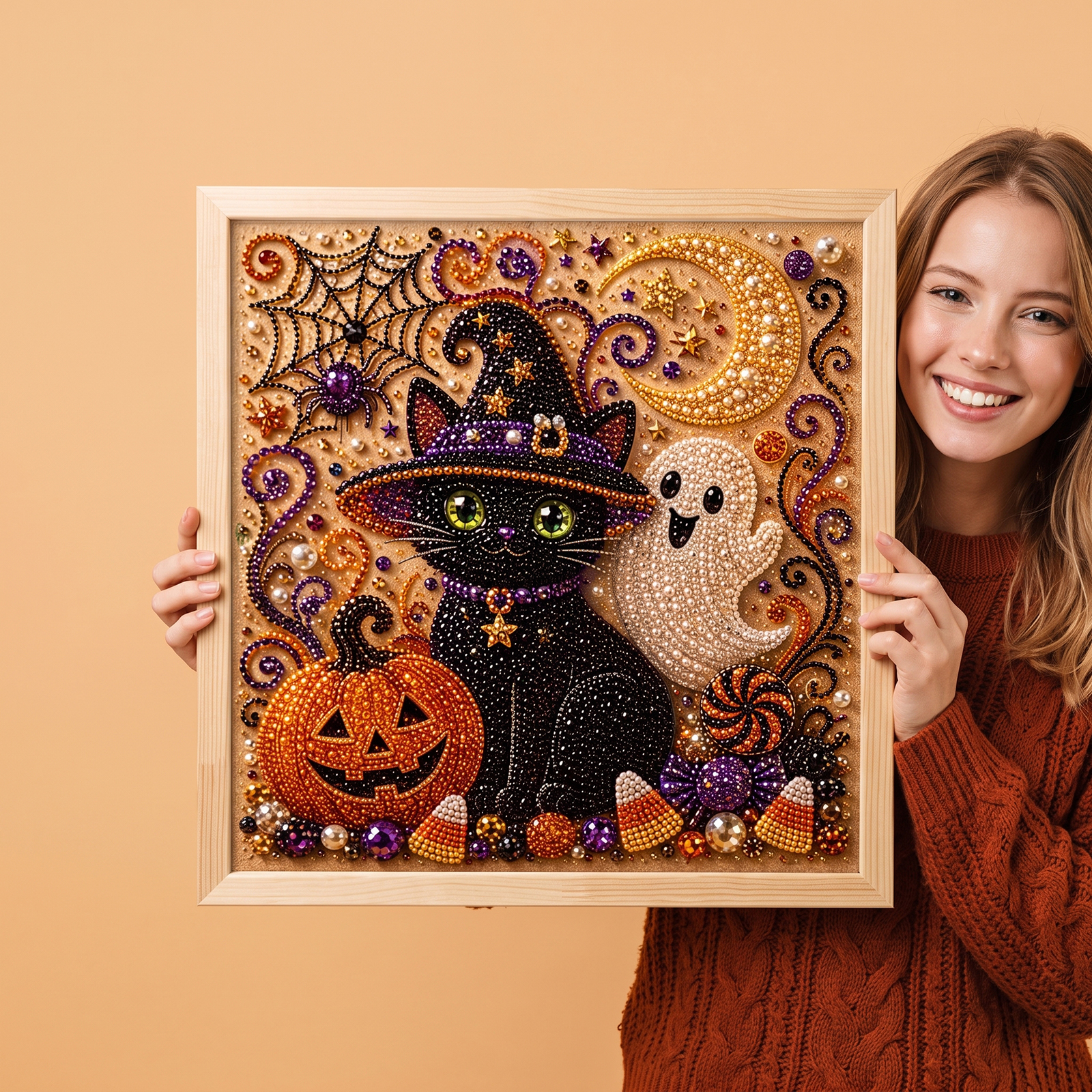 (Giant Pumpkin Black Cat) Halloween Pearl Painting Diy Stereoscopic 3D Retro Art Suit For Halloween Decorative Art Mural