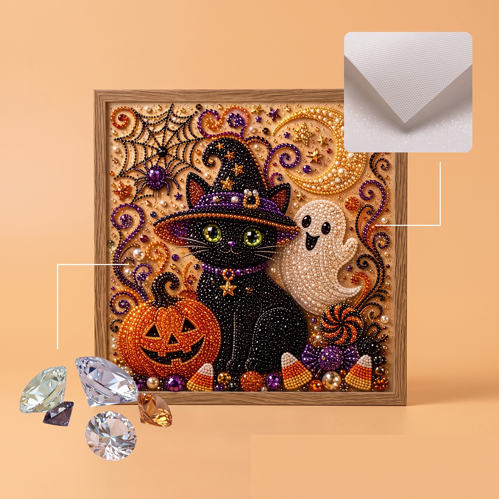 (Giant Pumpkin Black Cat) Halloween Pearl Painting Diy Stereoscopic 3D Retro Art Suit For Halloween Decorative Art Mural