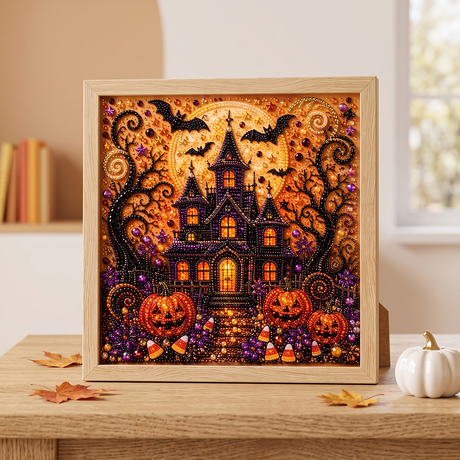 (Giant Pumpkin Black Cat) Halloween Pearl Painting Diy Stereoscopic 3D Retro Art Suit For Halloween Decorative Art Mural