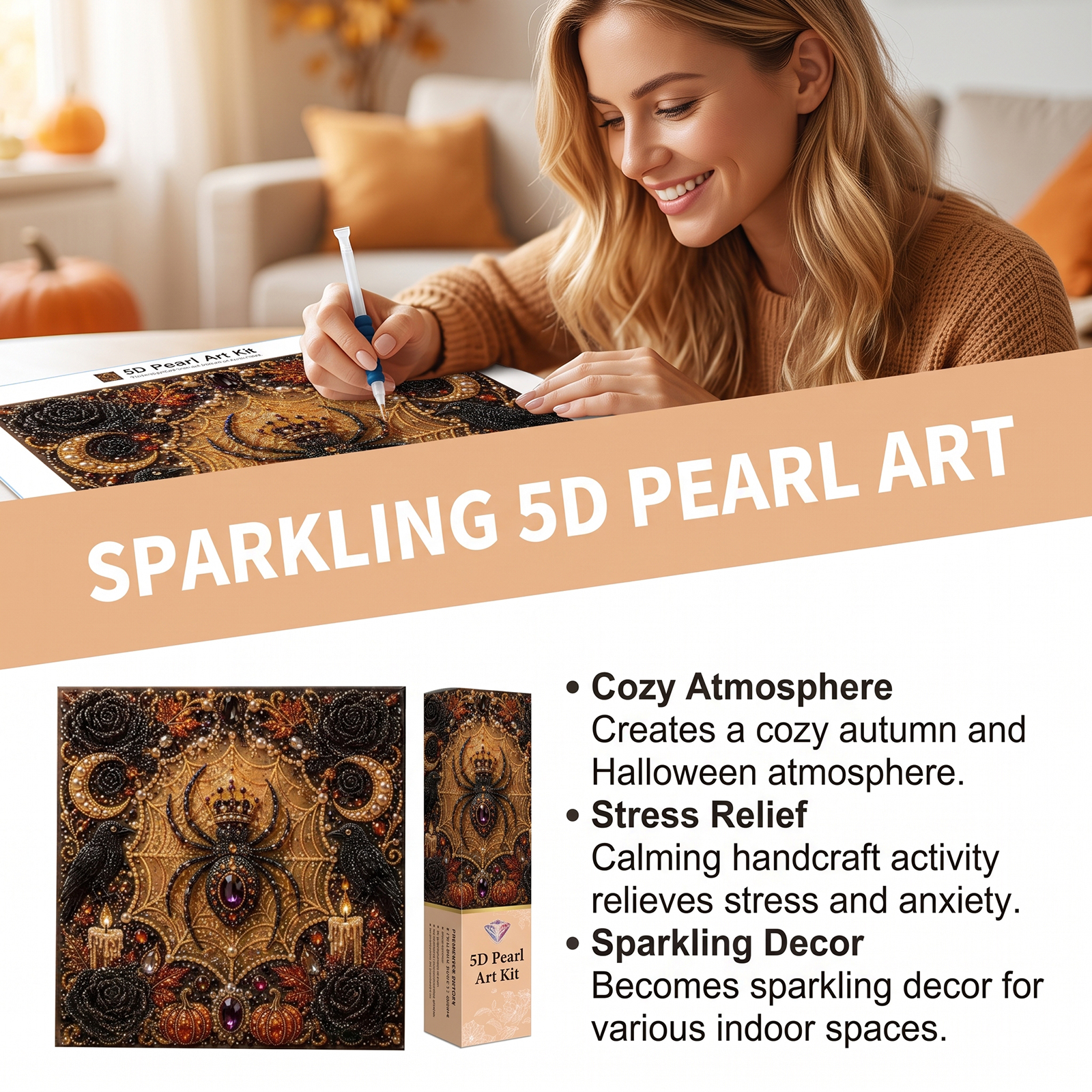 (Giant Pumpkin Black Cat) Halloween Pearl Painting Diy Stereoscopic 3D Retro Art Suit For Halloween Decorative Art Mural