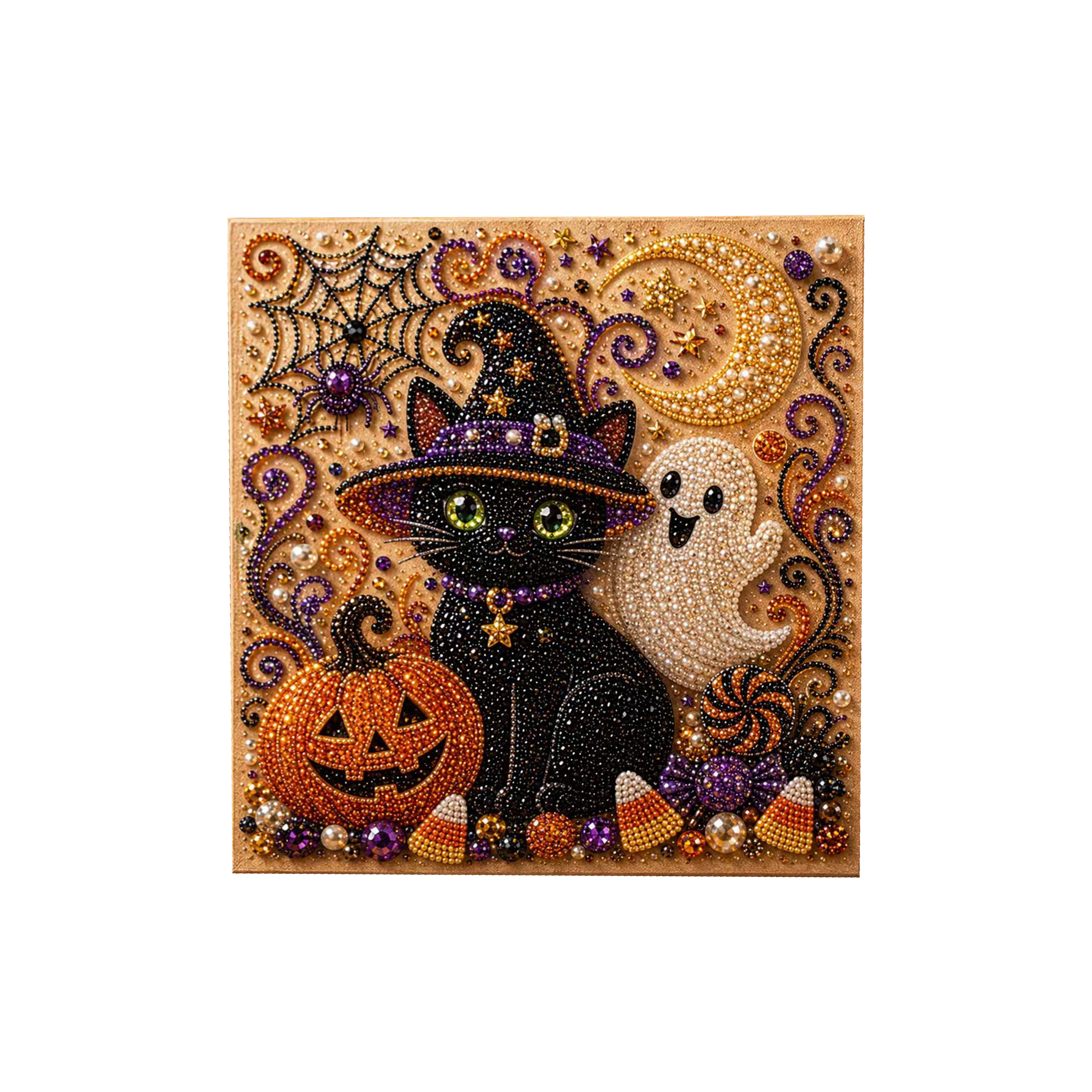 (Giant Pumpkin Black Cat) Halloween Pearl Painting Diy Stereoscopic 3D Retro Art Suit For Halloween Decorative Art Mural
