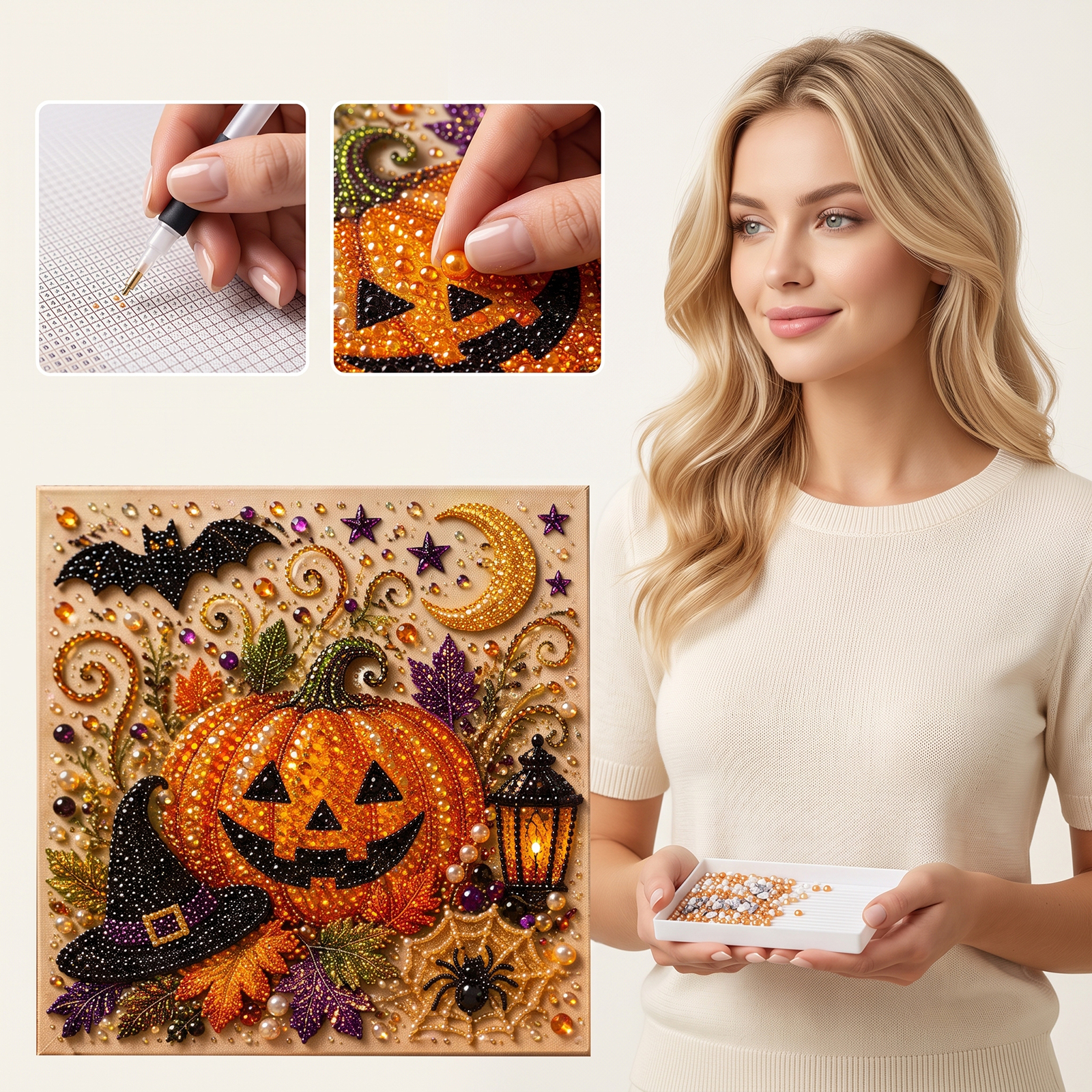 (Giant Pumpkin Black Cat) Halloween Pearl Painting Diy Stereoscopic 3D Retro Art Suit For Halloween Decorative Art Mural