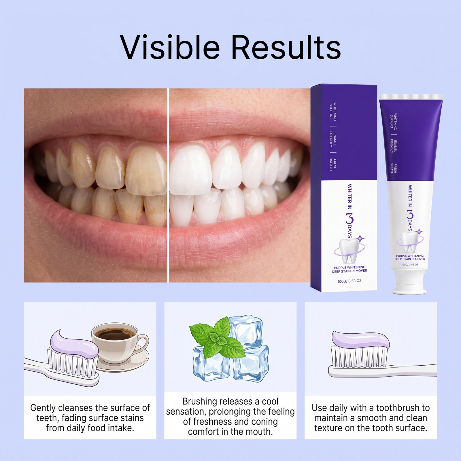 Purple Toothpaste Gentle Clean Teeth Remove Yellow Stains Fresh Soft Comfort Oral Care