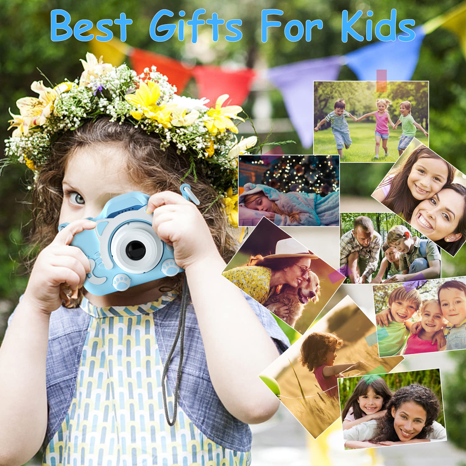 (Blue) Kids Digital Camera Video Camcorder Shockproof Rechargeable with 32GB SD Card Cartoon Soft Silicone Case for Outdoor Play Toys Christmas Birthday Festival Gifts for Child Toddler