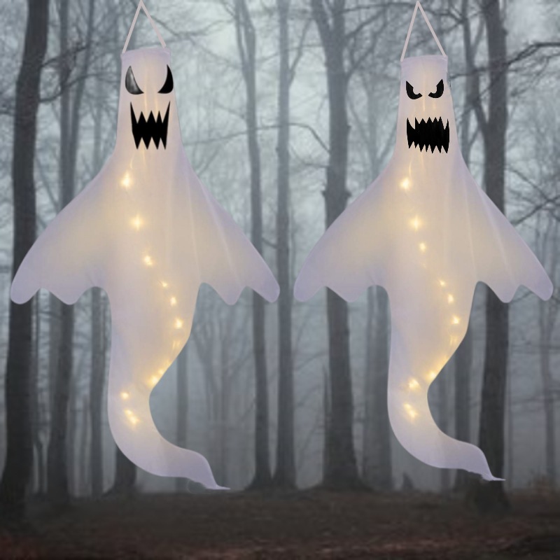 (A) Halloween Ghost Windsock with Warm White LED Lights Halloween Hanging Decorations