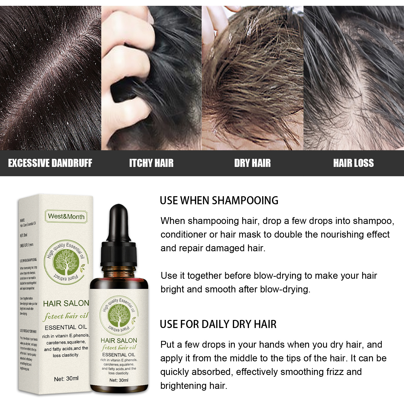 Hair Care Essential Oil Hair Treatment Serum Improve Dry Hair Prevent Frizz Split Ends and Repair Damage Hair 30ml
