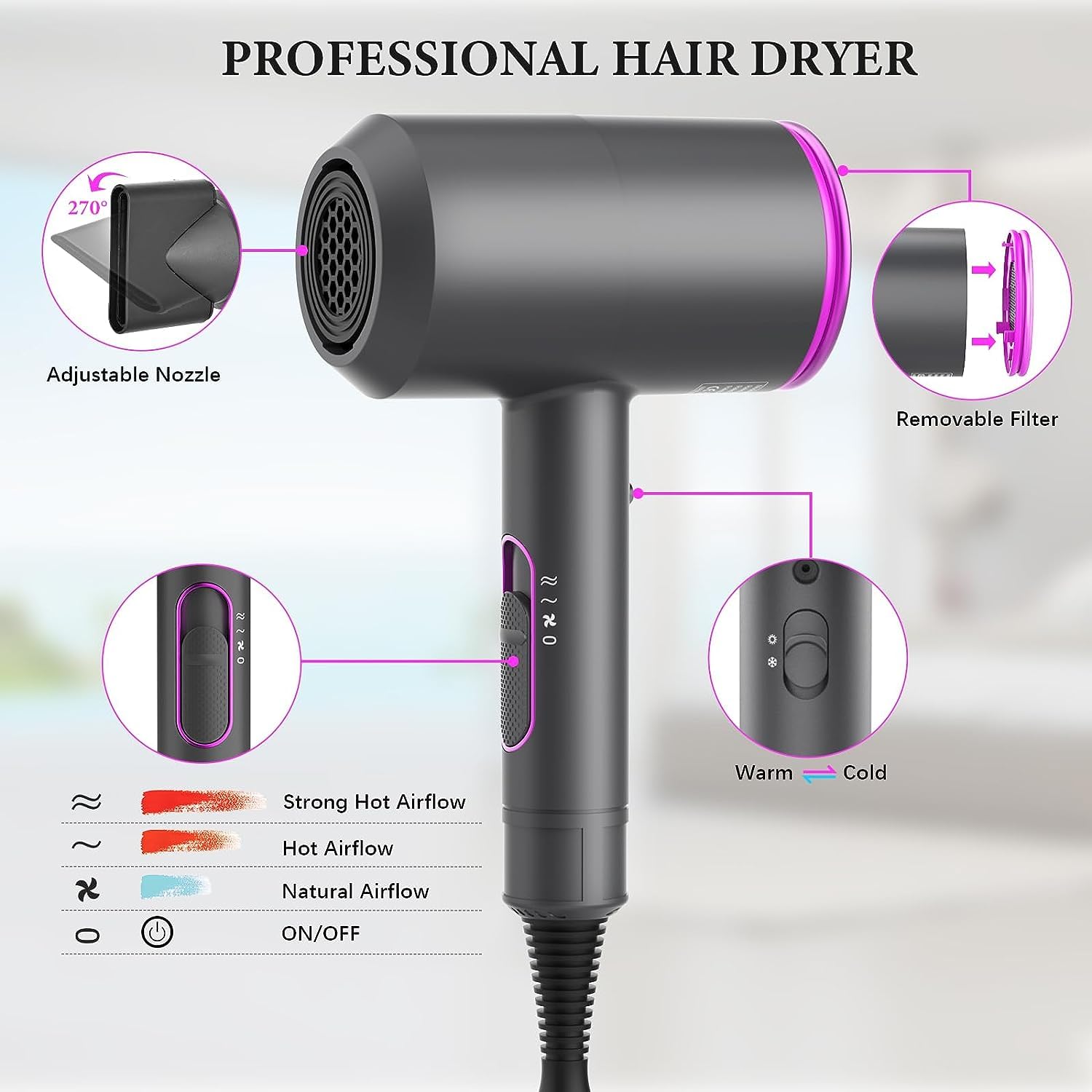 Professional Hair Dryer 2000W Powerful Quick Drying Ionic Hairdryer with 1 Diffuser 2 Nozzle Blow Dryer with 2 Speeds 3 Heating and Cool Button for Women Curly and Straight Hair