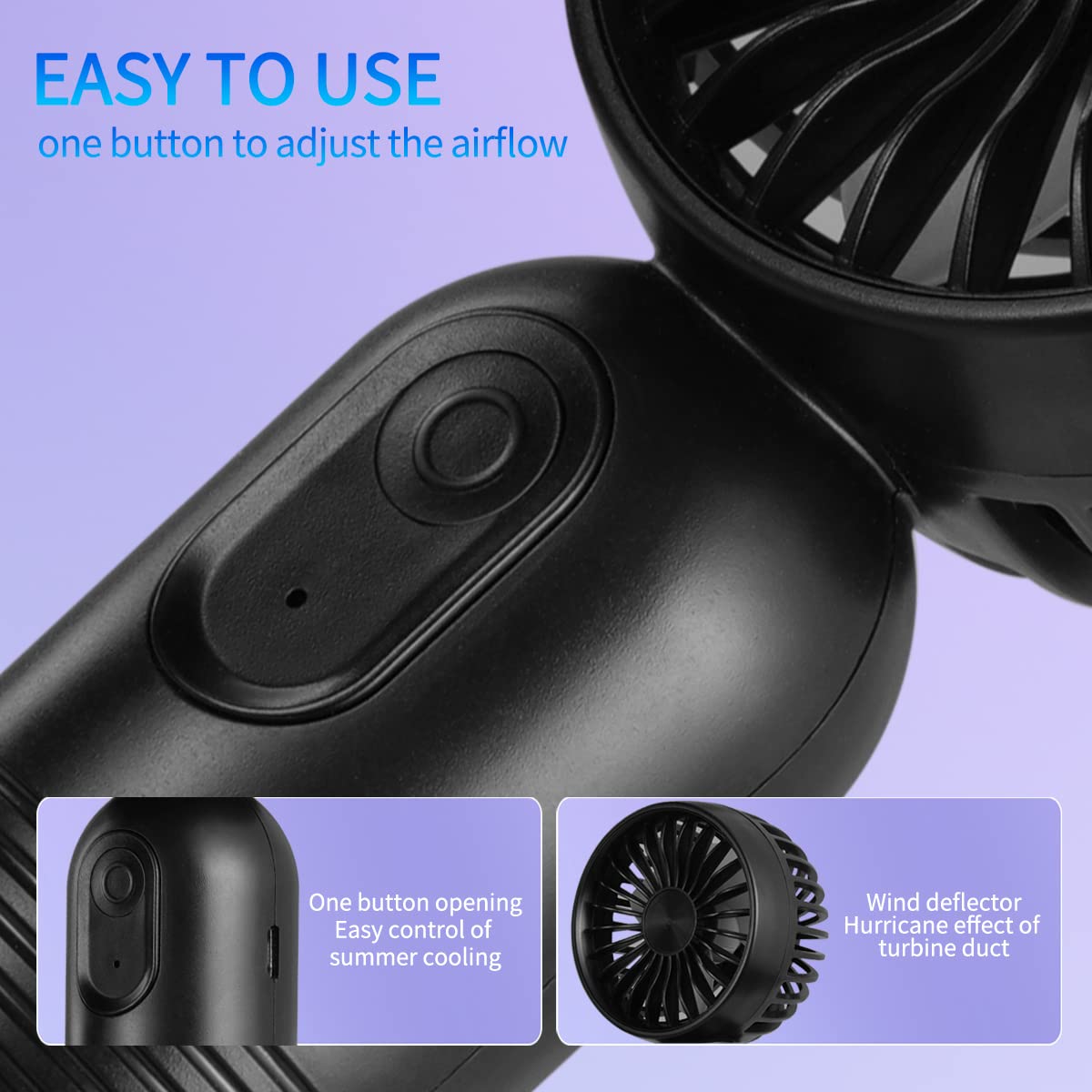 (Blue) Cute Handheld Fan Battery Operated Lightweight Small Personal Fan with 3 Speeds USB Rechargeable