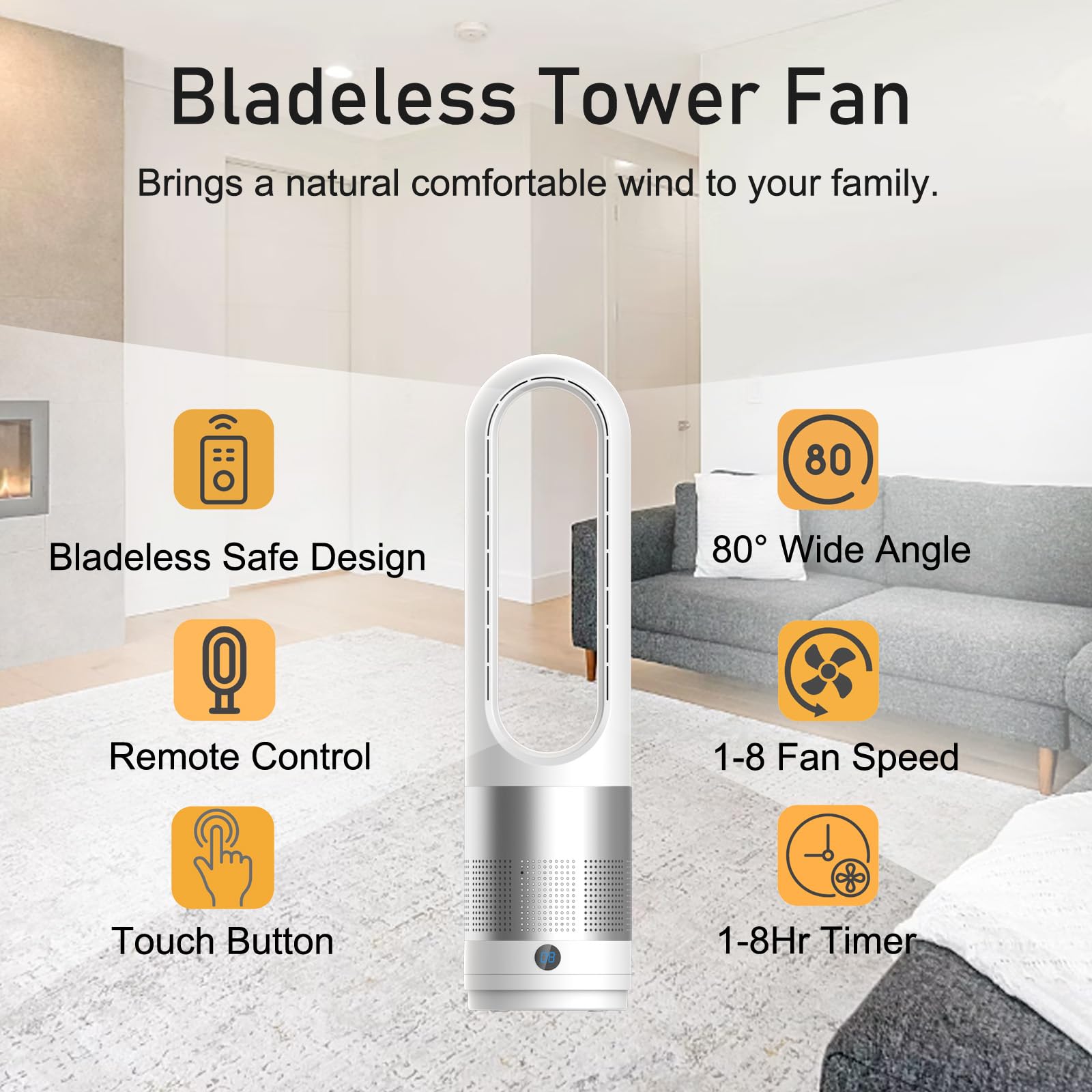 Bladeless Fan Cooler Total 23.62 inch Oscillating Tower Fan with Remote Control 8 Speed Settings 8 Hour Timer Super Quiet Touchable Pedestal Fan for Home Office Bedroom