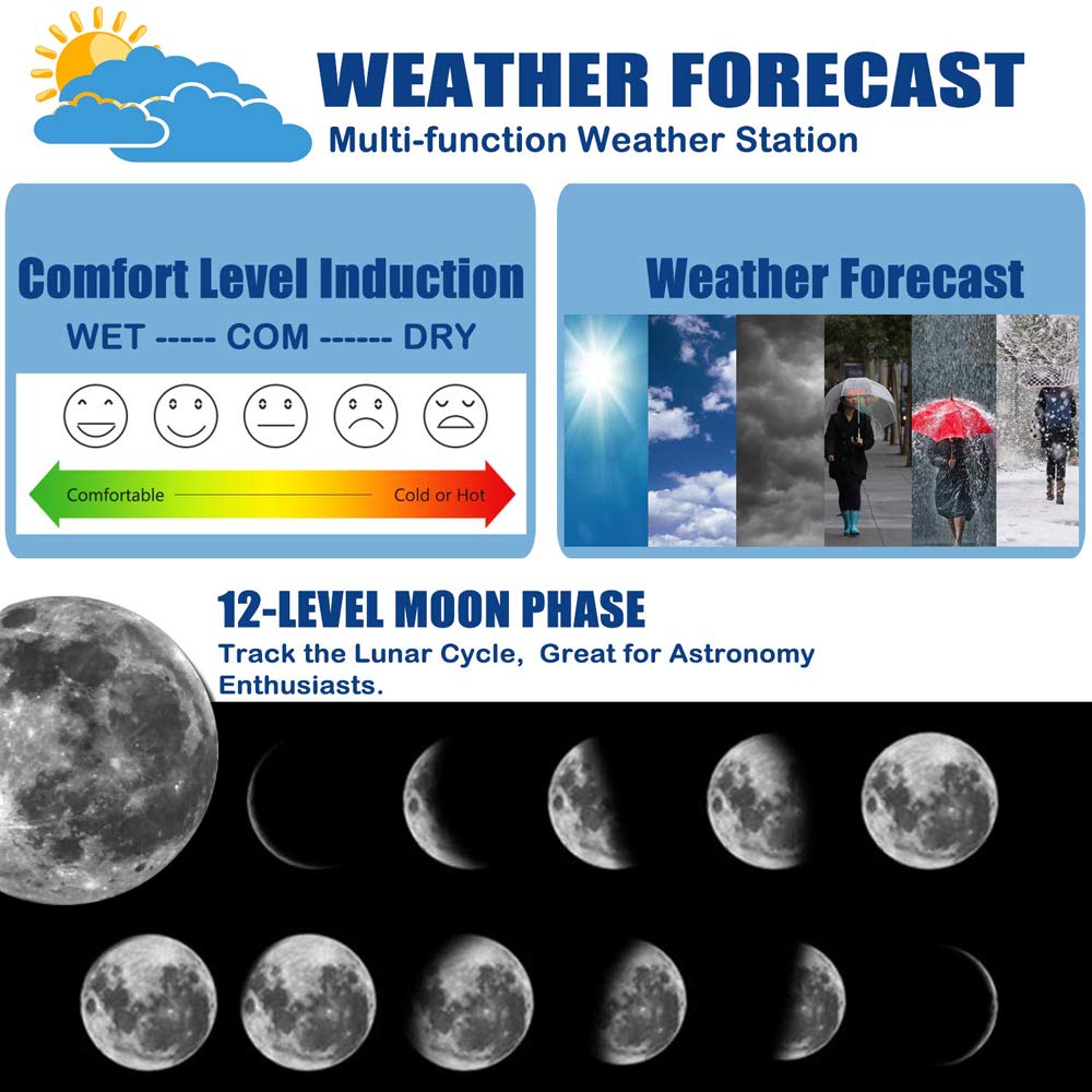 Wireless Weather Station Clock Indoor Outdoor Weather Forecaster with Sensor Digital Thermometer Humidity Barometric Pressure Ice Alert