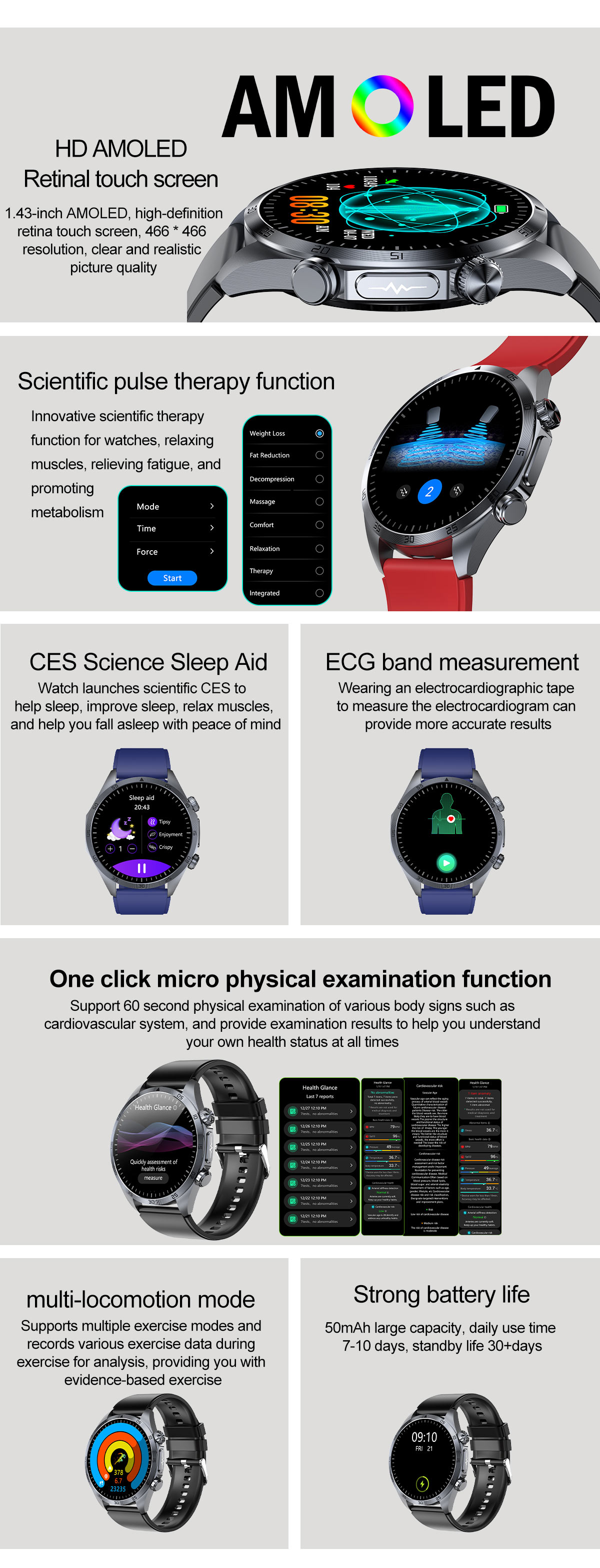 (Black Silicone	) Smart Watch Pulse Therapy Massage CES Sleep Aid ECG Blood Pressure Health Monitoring Bluetooth Call Outdoor Sport Fitness Tracker Men Women Smartwatch
