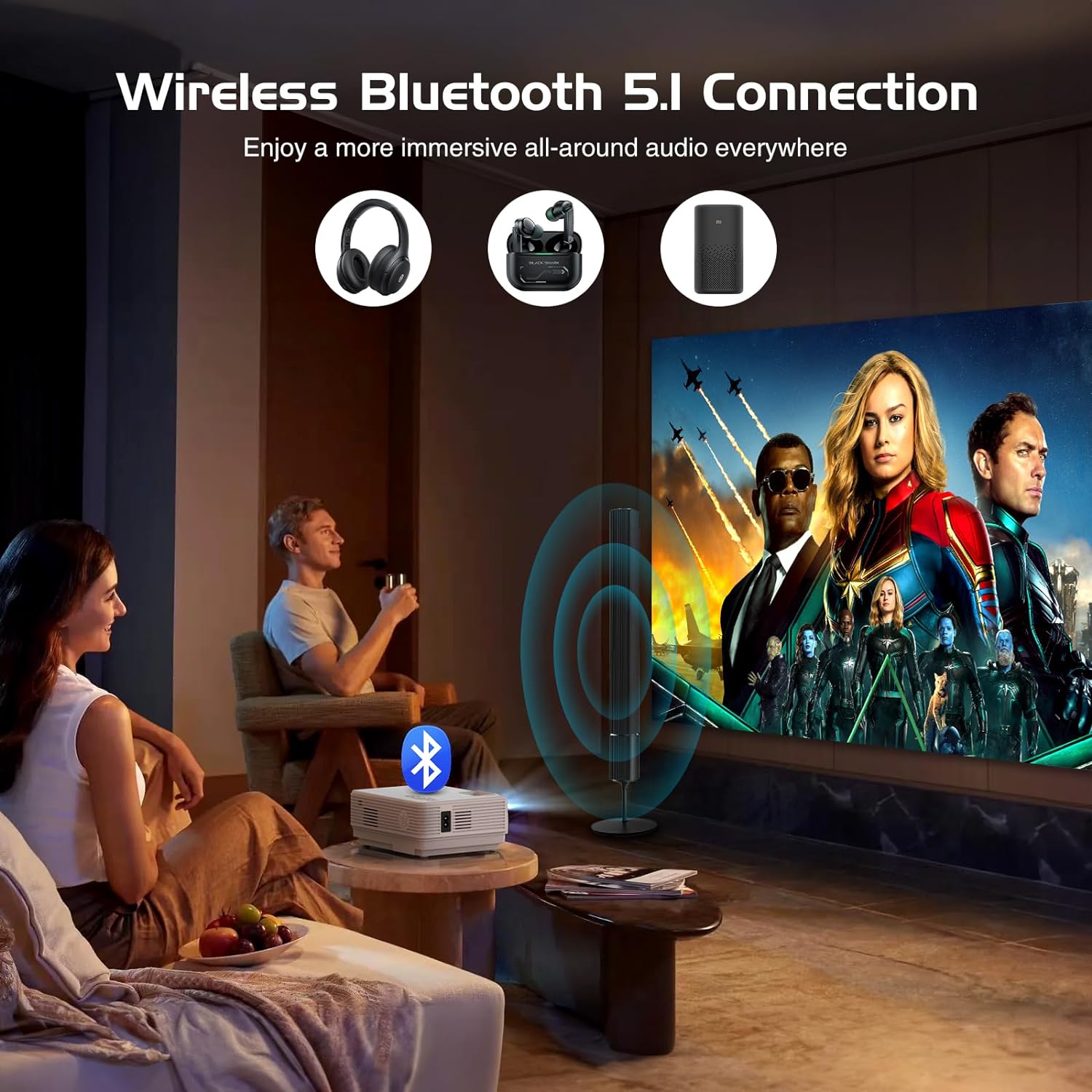 Mini Projector Portable with Screen Bluetooth Projector Full HD 1080P 10000L Outdoor Home Cinema Video Projector 50 Zoom Compatible with Smartphone Laptop TV Stick Energy Class A
