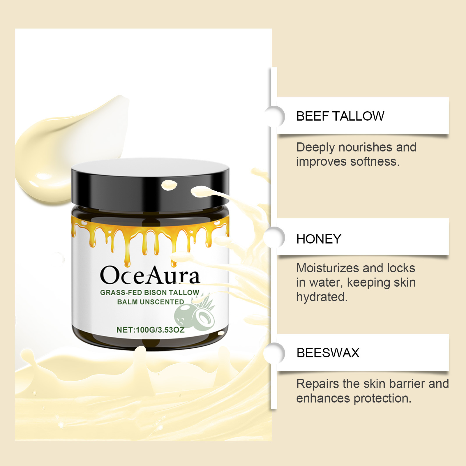 (1pc) Tallow Balm Skin Care Cream Hydrated Massage Cream Skin Moisturizer Deep Nourishment Mild Improve Gloss Efficiently Locks In Water Festival Gifts 100g