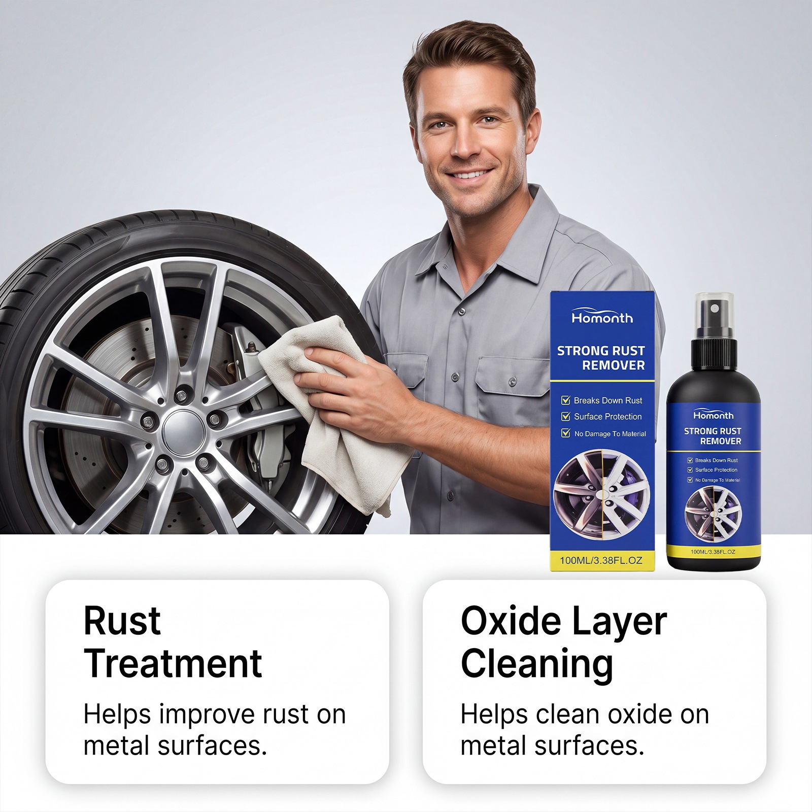 Rust Remover Spray Gentle Non Abrasive Formula For Wheel Hub Metal Surface Rust Stain Cleaning Restoration And Maintenance