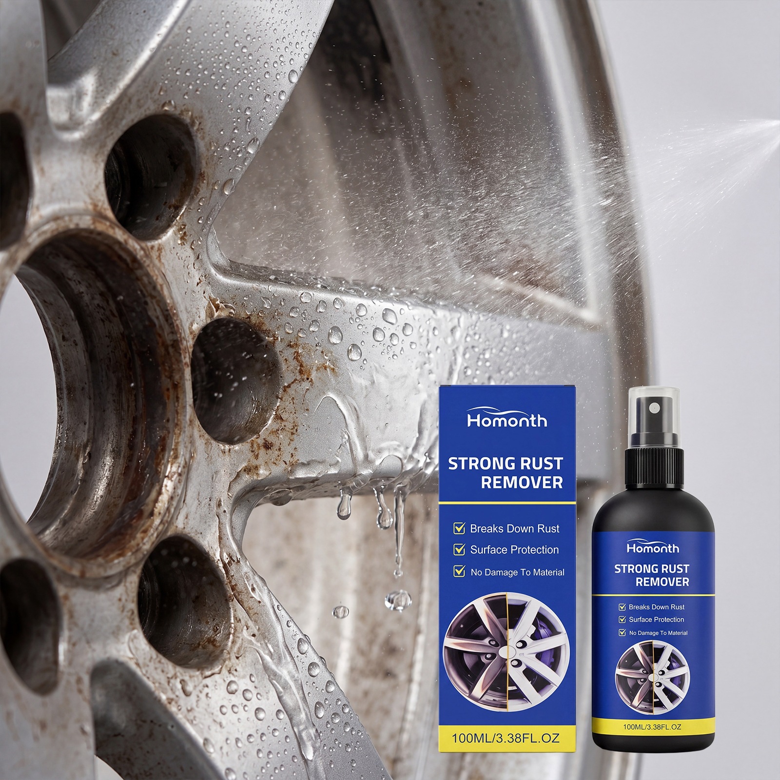 Rust Remover Spray Gentle Non Abrasive Formula For Wheel Hub Metal Surface Rust Stain Cleaning Restoration And Maintenance
