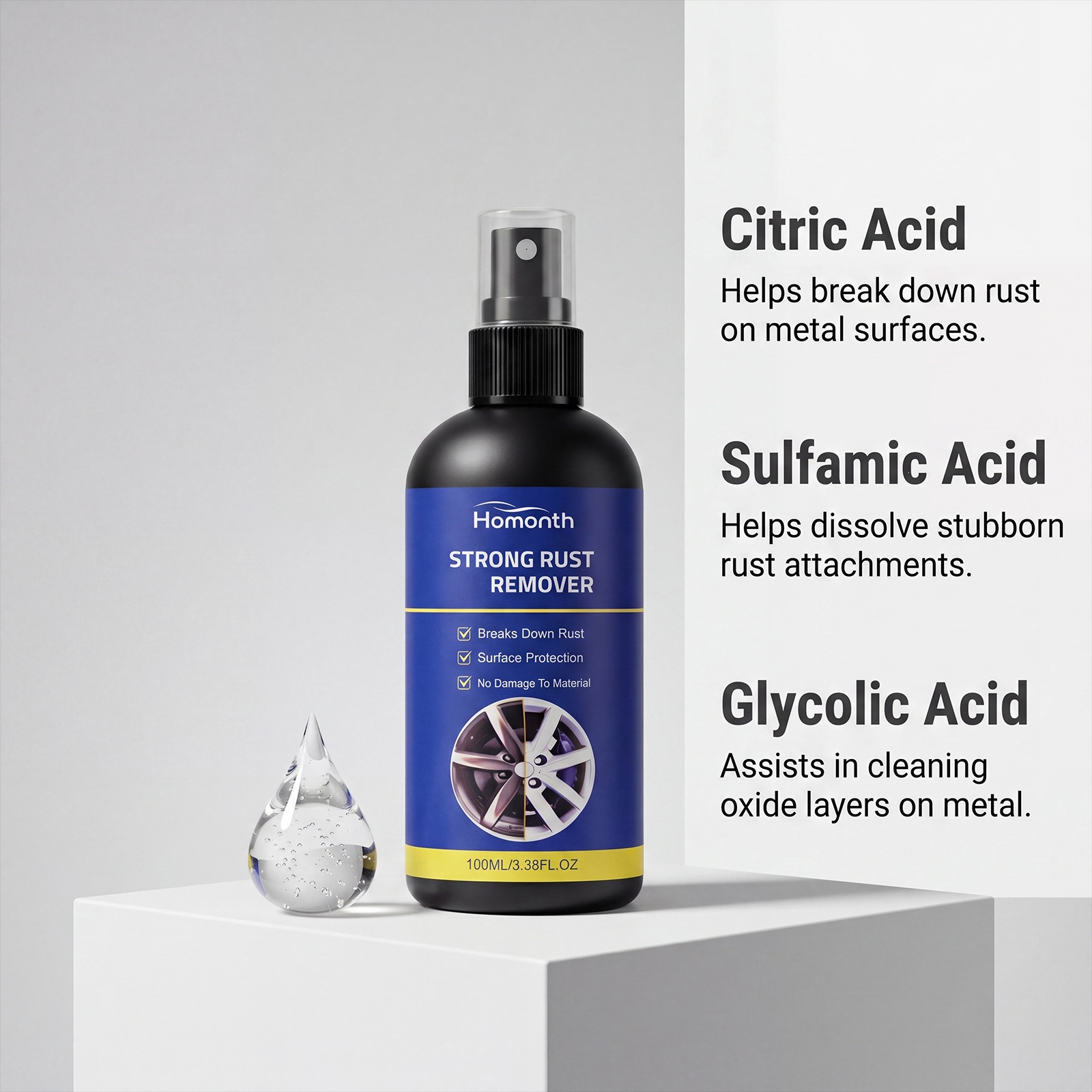 Rust Remover Spray Gentle Non Abrasive Formula For Wheel Hub Metal Surface Rust Stain Cleaning Restoration And Maintenance