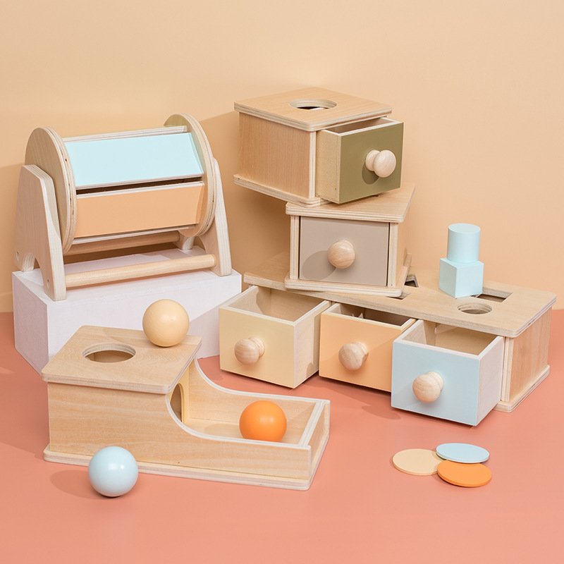(1 887) New Montessori Macaroon Color Spinning Drum Match Coin Box Permanent Box Round Rectangular Box Kids Sensory Toys for Baby Gifts