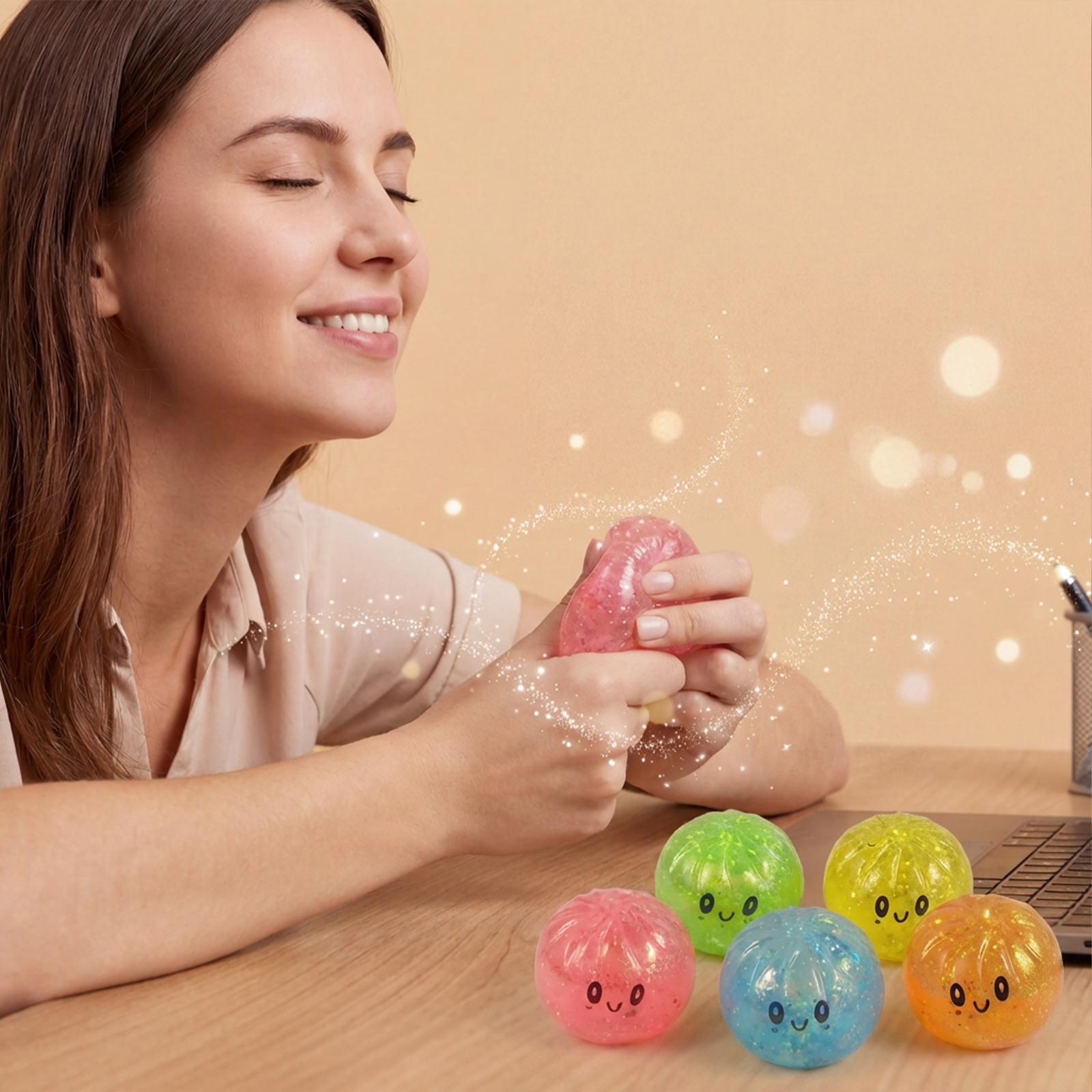 (Blue) Sequins Bun Squeeze Toy Blue Cute Funny Portable Finger Stress Relief Daily Knead Decompress Small Plaything