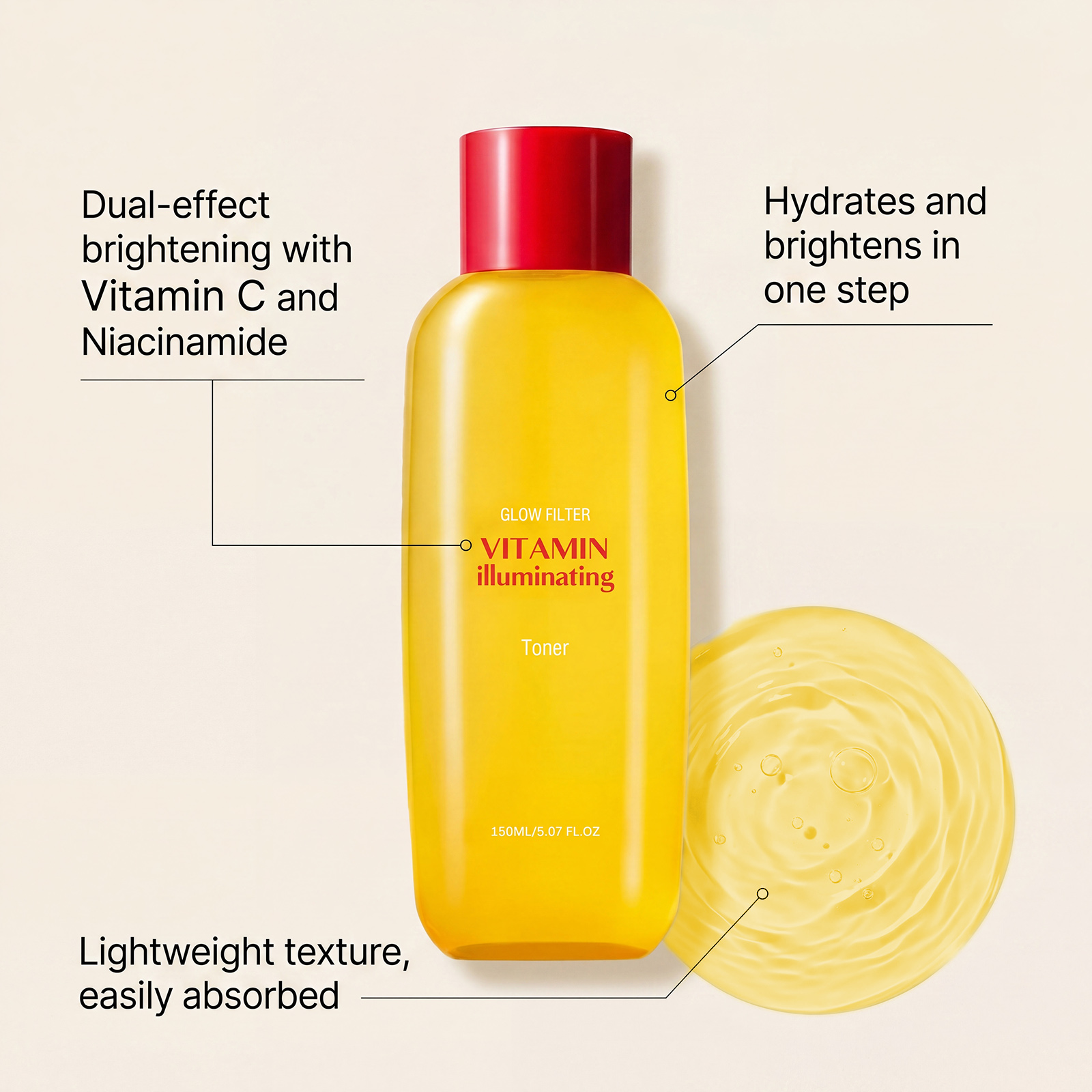 Vitamin C Moisturizing Toner Daily Mild Care Soft Smooth Bright Glossy Hydrating Fast Absorb Fine Texture Facial Skin