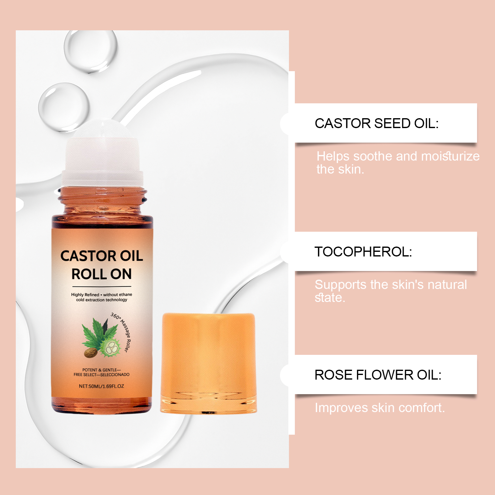 Castor Oil Care Roller Mild Formula Deeply Moisturize Nourish Dry Skin Hydrate Protect Portable Skincare