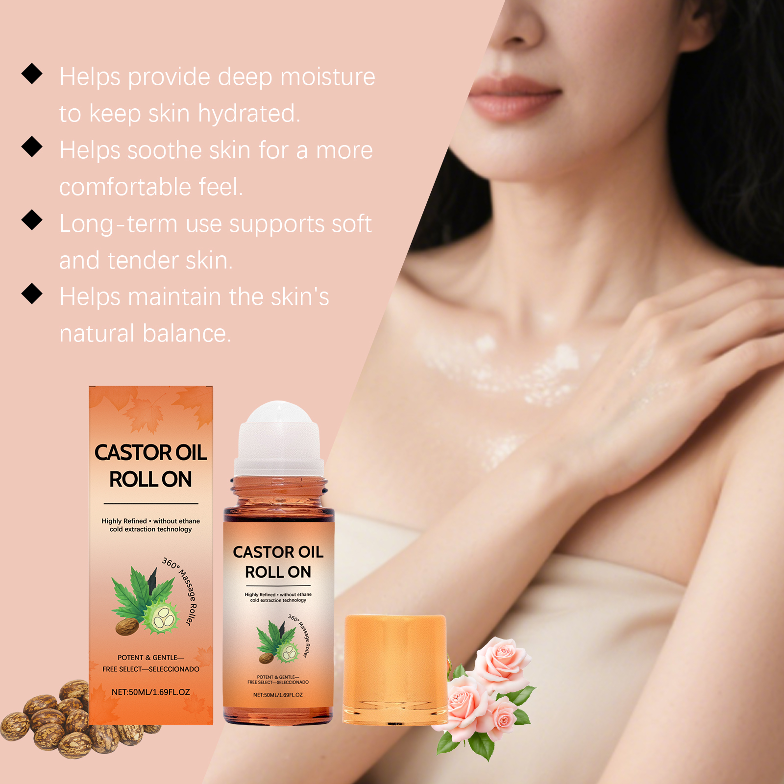 Castor Oil Care Roller Mild Formula Deeply Moisturize Nourish Dry Skin Hydrate Protect Portable Skincare