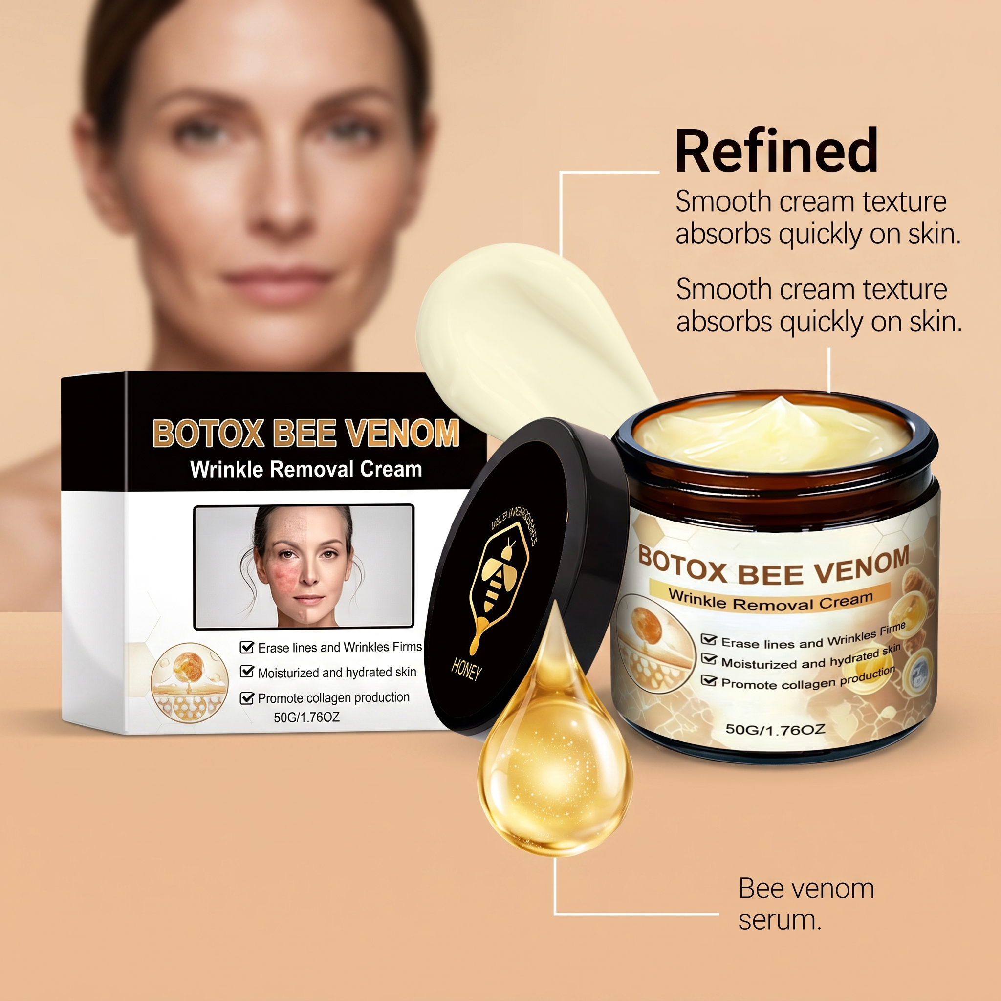 Bee Venom Moisturizing Cream Hydrating Softening Facial Skin Glossy Delicate Gentle Skin Daily Care Lotion