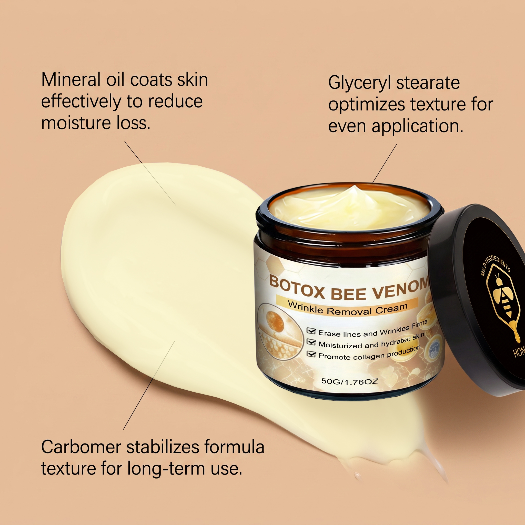 Bee Venom Moisturizing Cream Hydrating Softening Facial Skin Glossy Delicate Gentle Skin Daily Care Lotion