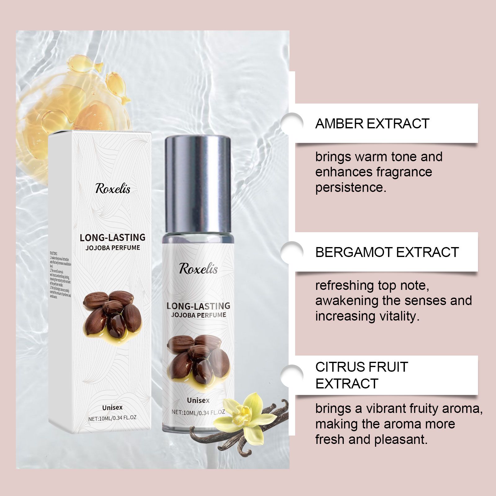Jojoba Perfume Oil Roll On Amber Bergamot Fresh Long Lasting For Daily Wear