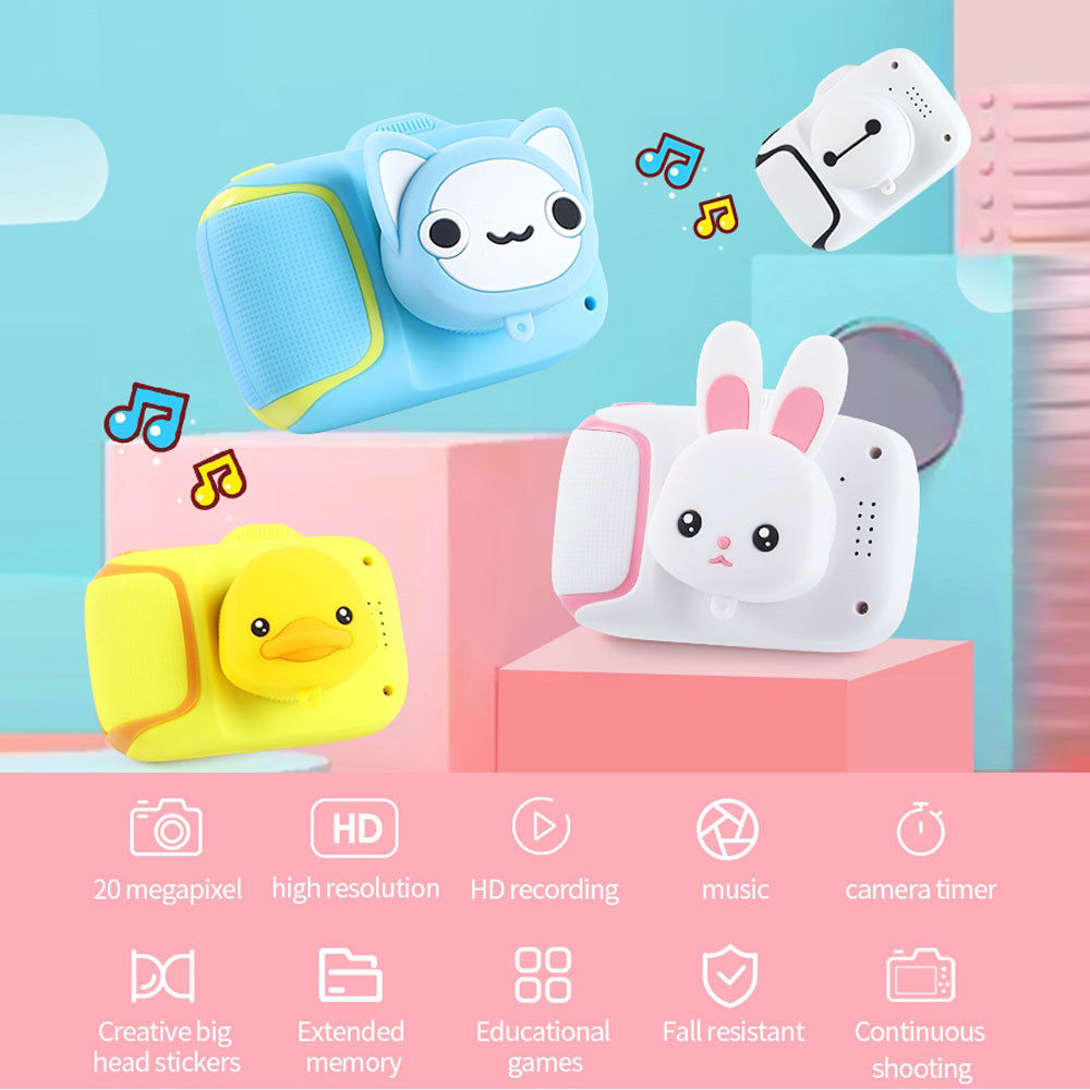 (Yellow) 1080P Kids Digital Camera Cartoon Cute Video Recorder Toy Outdoor Photography Camera with 32GB SD Card Gift for Boys and Girls