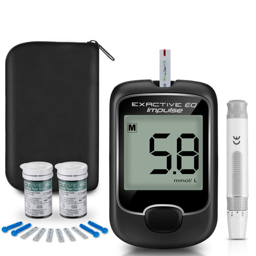 (Host mg/dL+50X test paper+50X needles) EXACTIVE EQ IMPULSE Blood Glucose Monitor Kit + Test Strips + Lancets