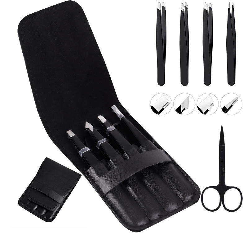 (4pcs Set) Eyelashes Tweezers Stainless Steel Eyebrow Tong Clip Stickers With Case Makeup Tool Set Beauty Professional Accessory