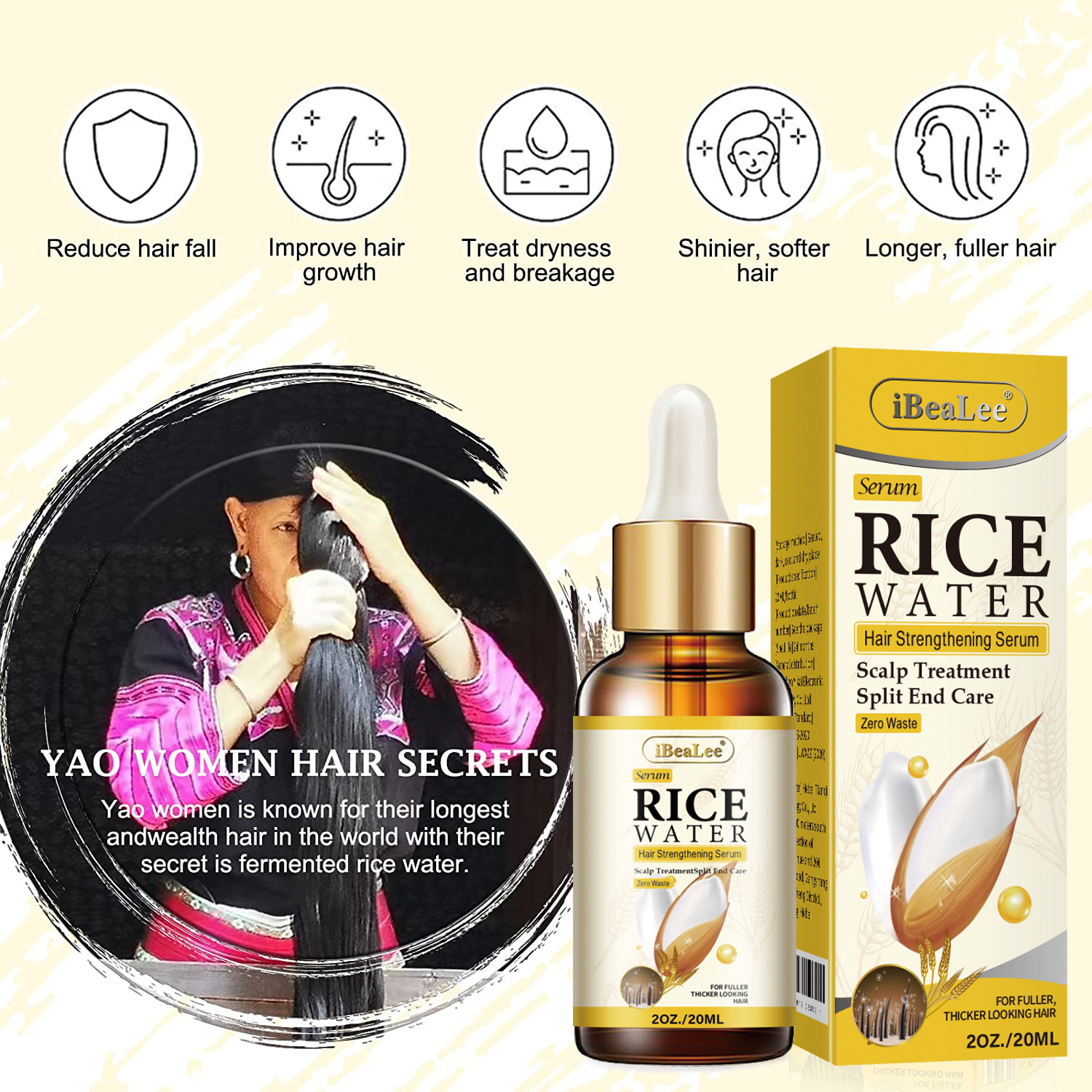 iBeaLee Hair Growth Serum Rice Water for Hair Growth Hair Loss Scalp Treatments Nourish Hair Care for Thicker Longer Fuller Healthier Hair