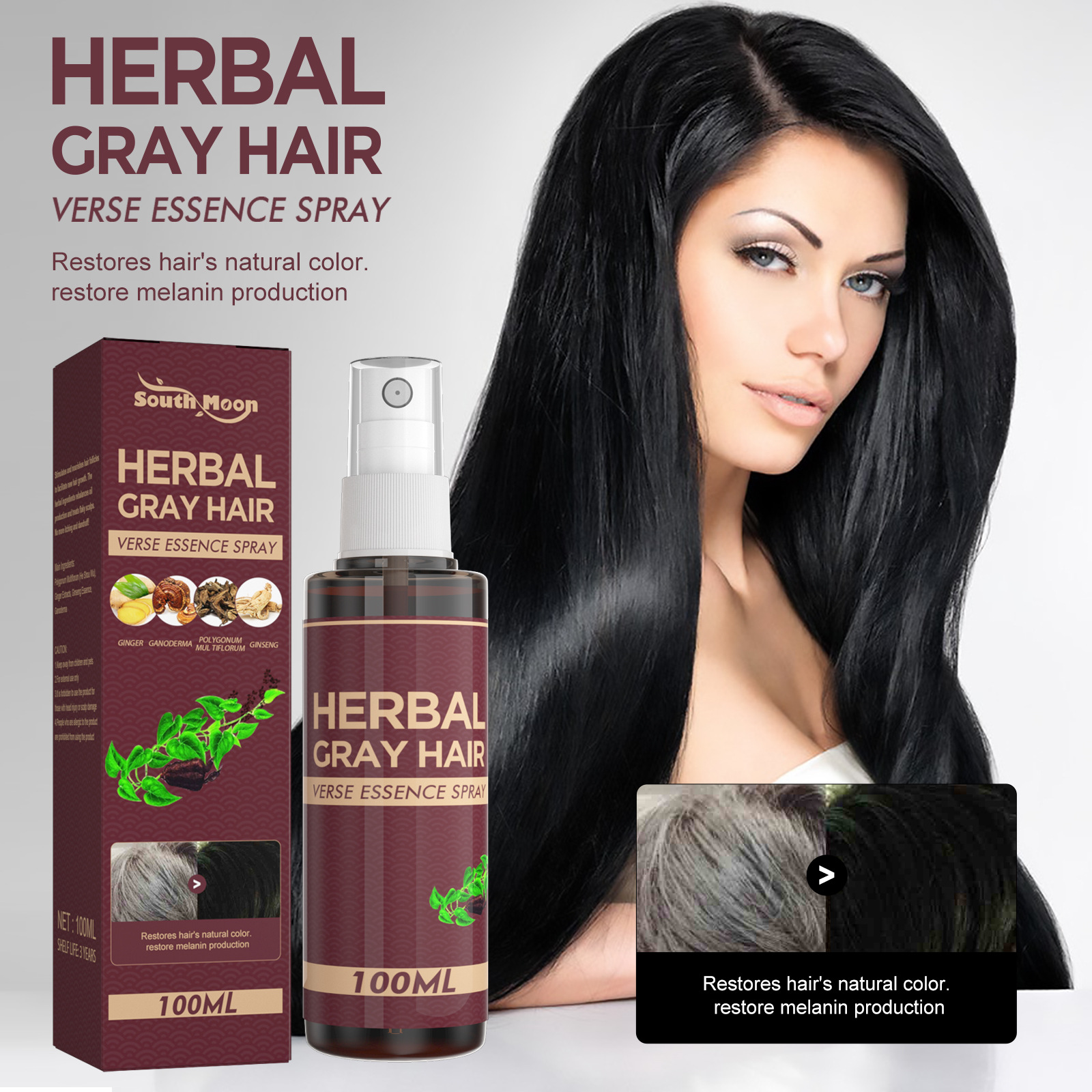 Herbal Black Hair Liquid Hair Darkening Spray Anti Gray Hair Scalp Nourish Spray Hair Treatment Polygonum Multiflorum Essence Bright Hair Care 100ml