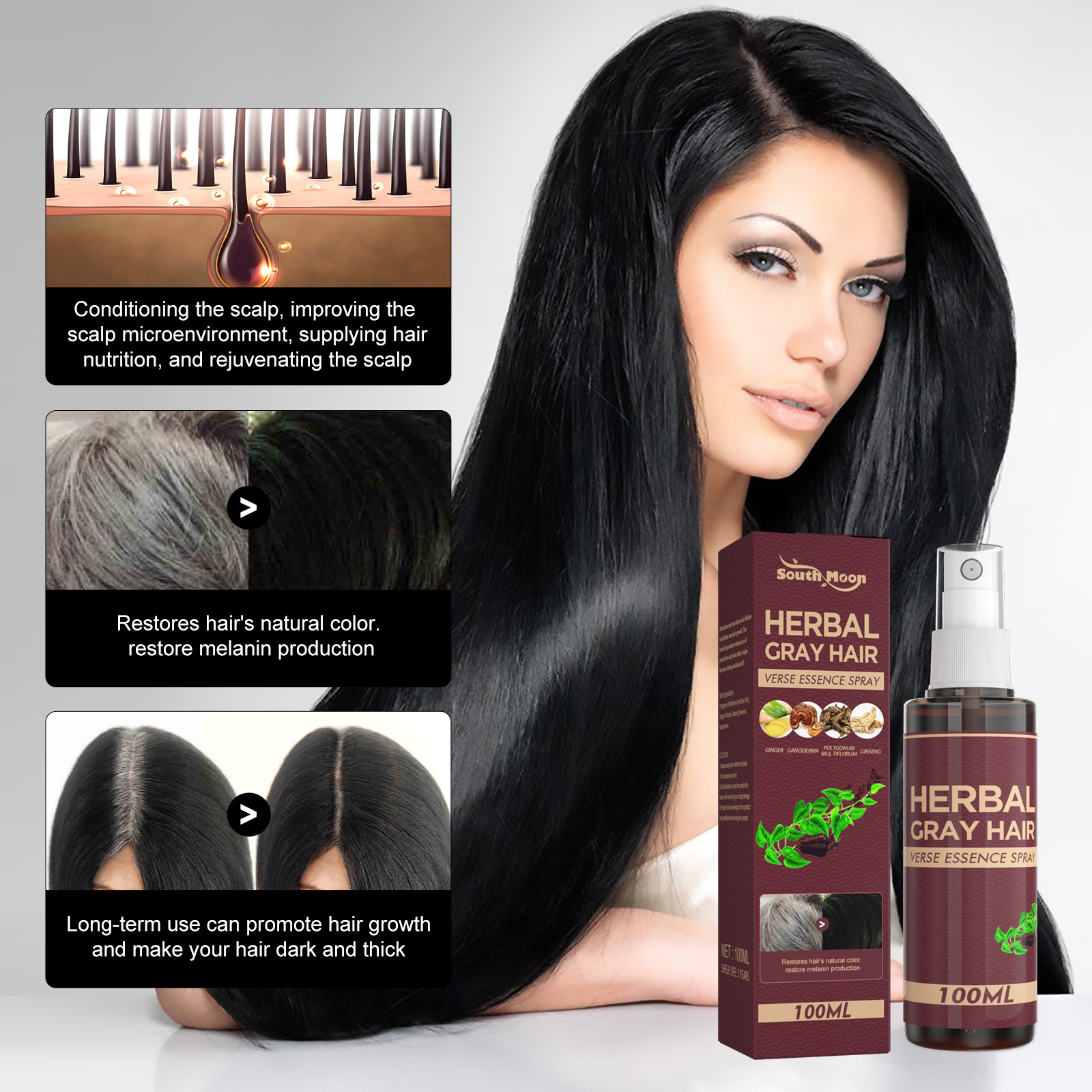 Herbal Black Hair Liquid Hair Darkening Spray Anti Gray Hair Scalp Nourish Spray Hair Treatment Polygonum Multiflorum Essence Bright Hair Care 100ml