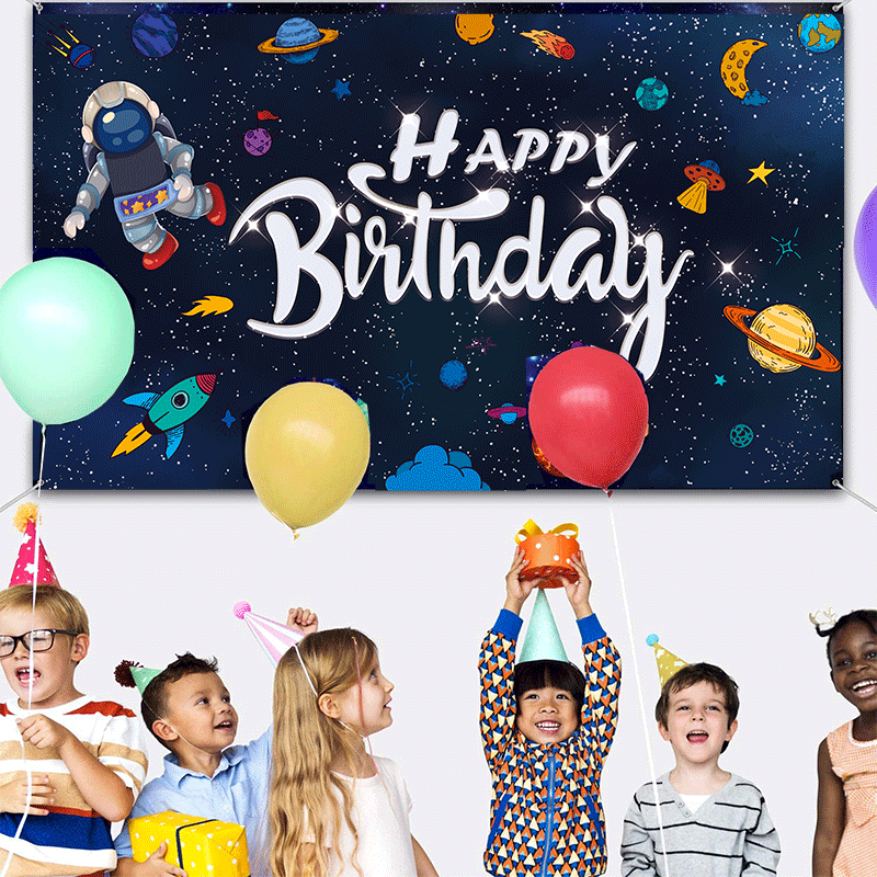 Space Happy Birthday Photography Background Astronaut Rocket Backdrop Banner for Childrens Birthday Galaxy Planet Party Photo Booth Backdrop
