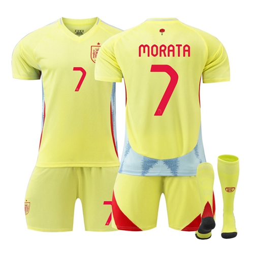 Football Kit for Kids Training Set  Shirts Shorts Socks Euro 2024 Spain Away Kit with Morat No. 7 Football Jersey Outdoor Sportswear Soccer Tracksuit