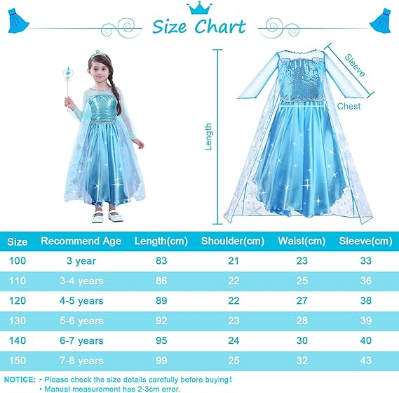 (2~3 Years) Elsa Anna Dress Up Princess Costumes for Girls Fancy Princess Dress Princess Costume with Fairy Wand and Crown Tiara Deluxe Girls Fancy Dress for Party Cosplay Bridesmaid Pageant
