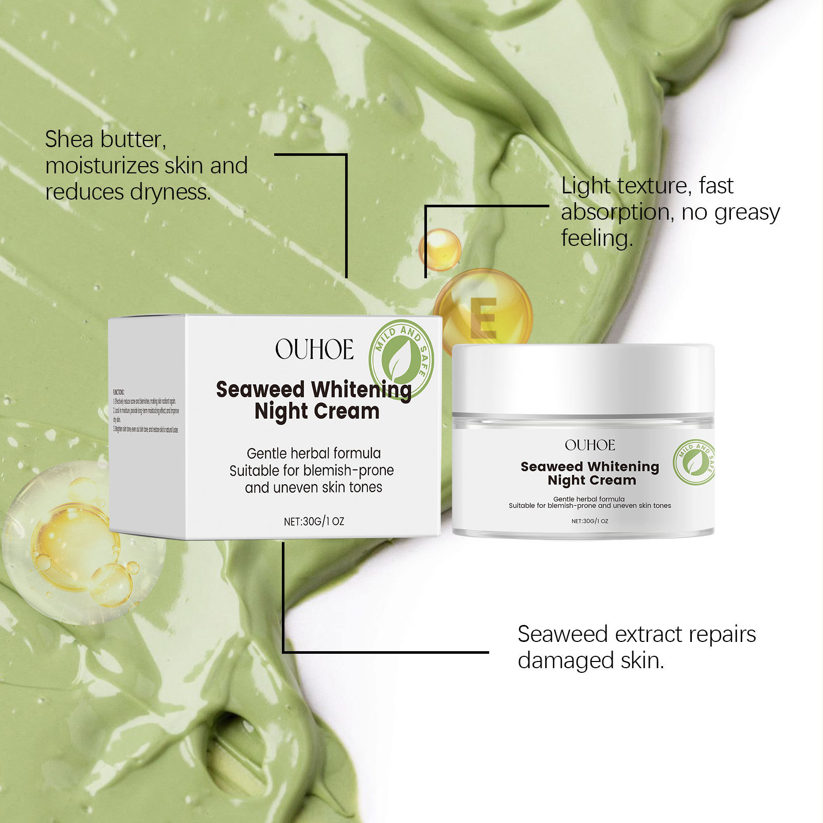 OUHOE Seaweed Nourishing Face Night Cream Whitening Moisturize Hydration Facial Night Skin Care Facial Rejuvenation Brightening Face Repairing Cream 30g
