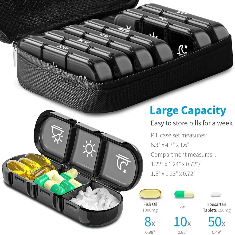 Weekly Pill Organizer Portable Pill Box with PU Leather Bag 21 Grids 3 Times a Day 7 Day Pill Case for Store Vitamin Medicine