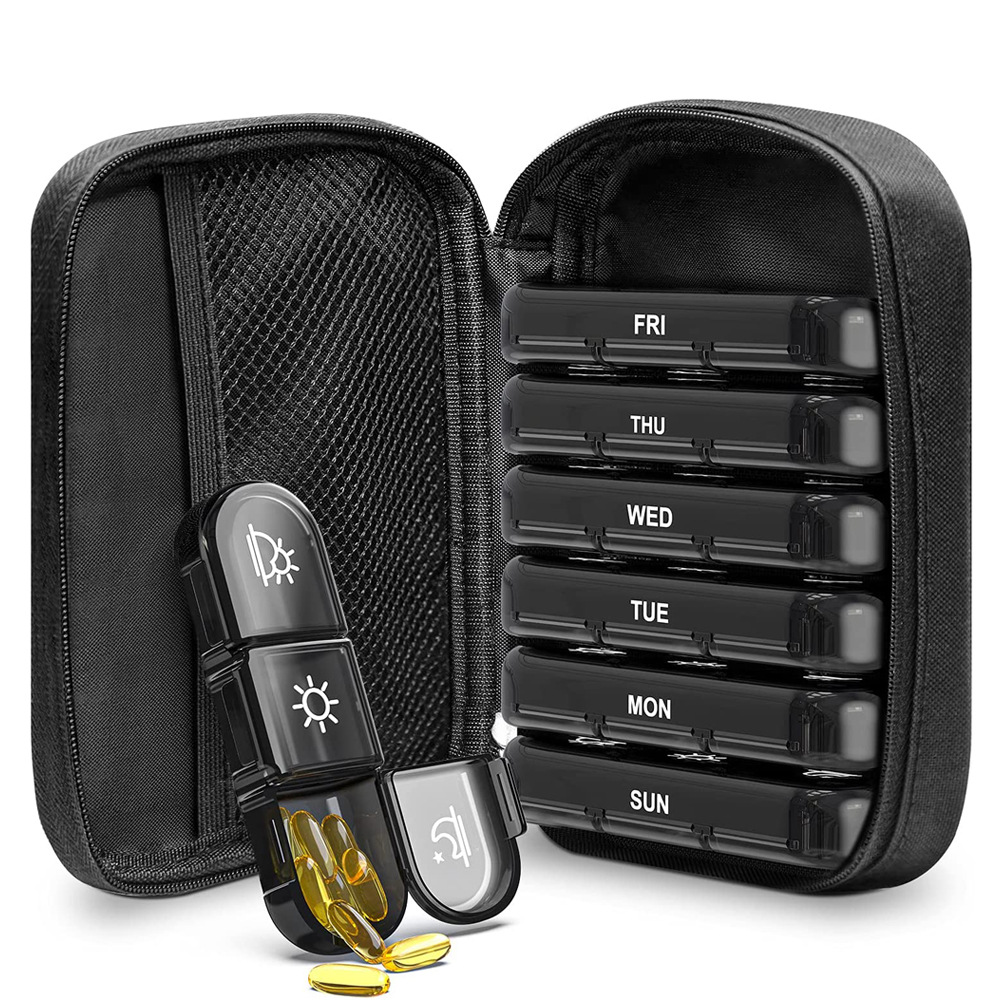 Weekly Pill Organizer Portable Pill Box with PU Leather Bag 21 Grids 3 Times a Day 7 Day Pill Case for Store Vitamin Medicine