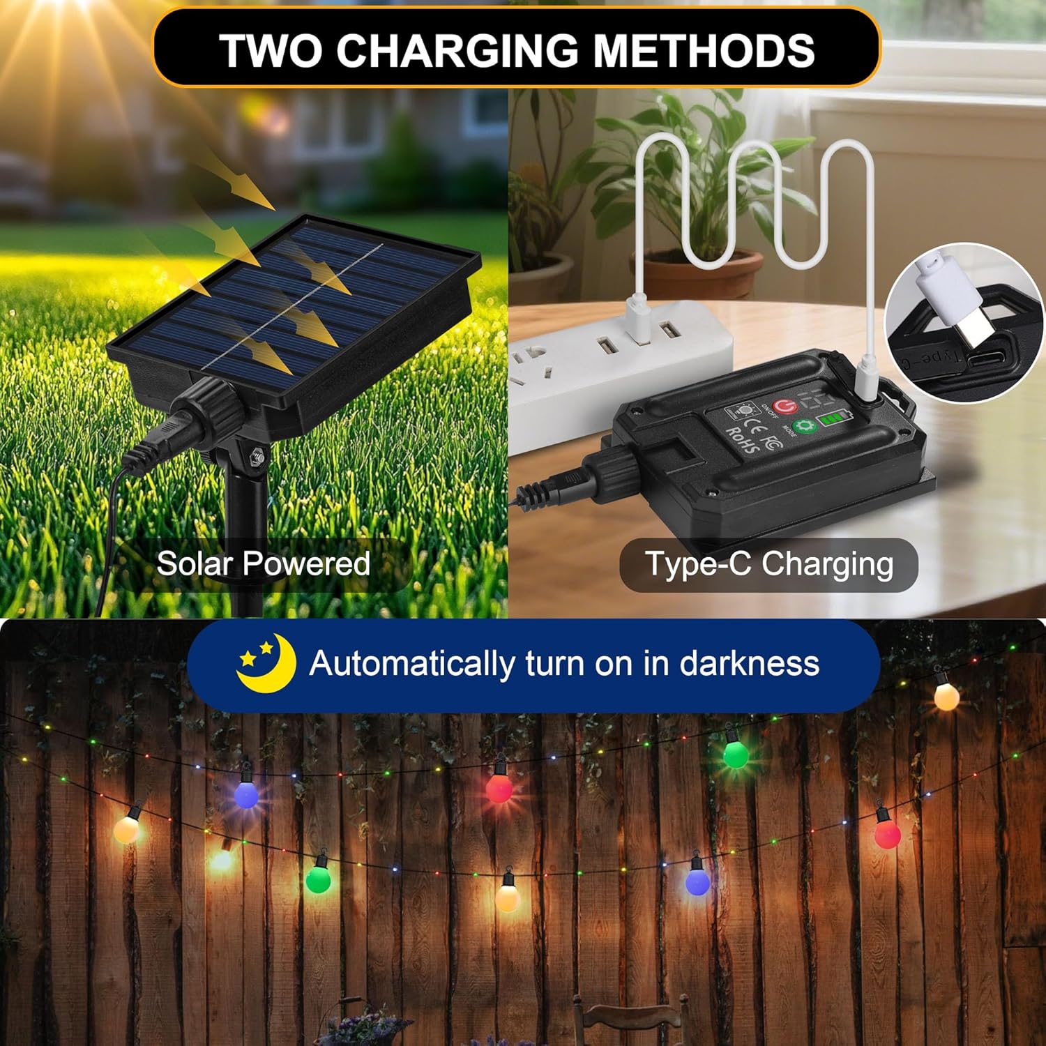 (Multicolor) Solar String Lights Outdoor Garden 32.8Ft 10m 100 LED Solar Powered Fairy Lights with 20 Shatterproof Blubs USB Charging 8 Modes Waterproof Lights Garden