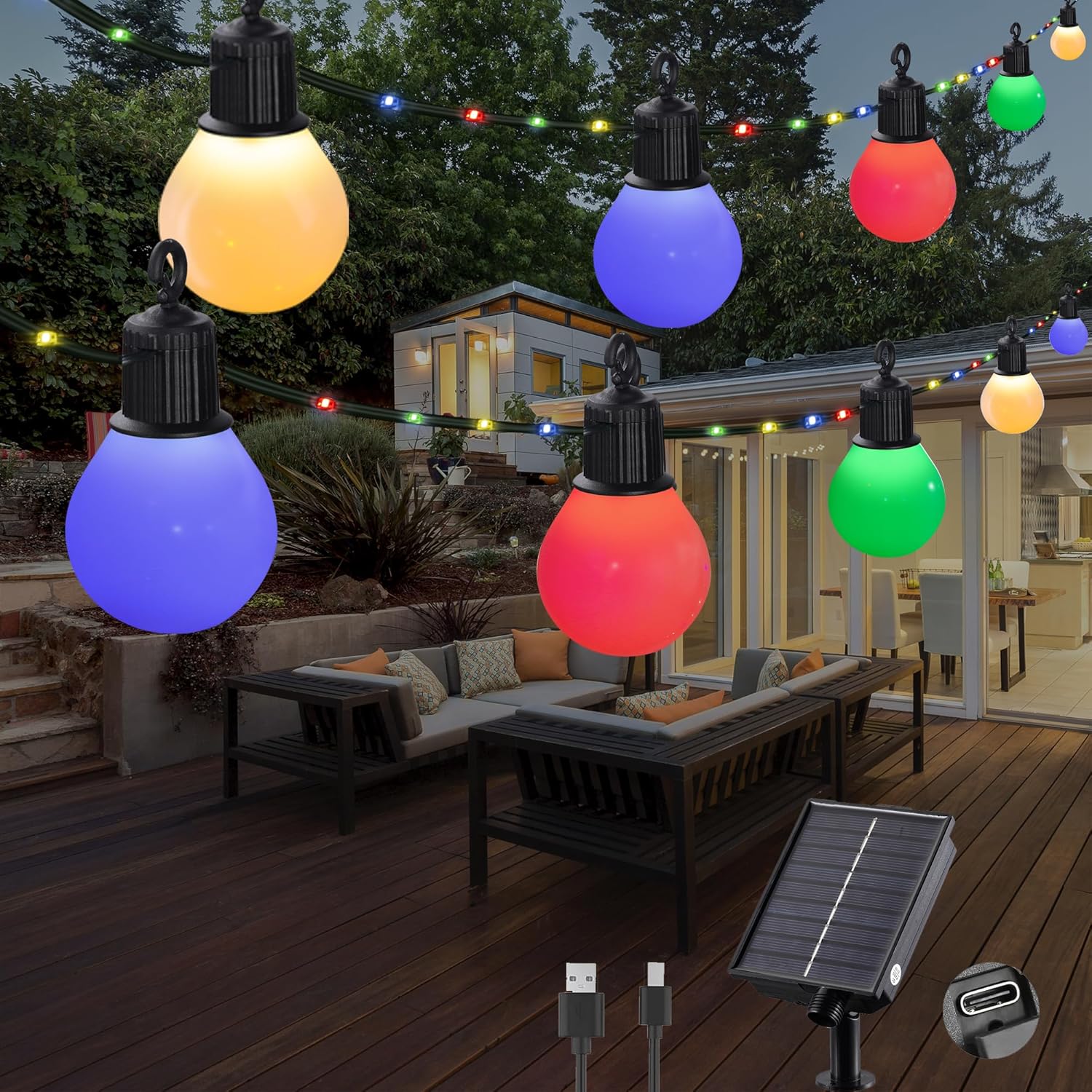 (Multicolor) Solar String Lights Outdoor Garden 32.8Ft 10m 100 LED Solar Powered Fairy Lights with 20 Shatterproof Blubs USB Charging 8 Modes Waterproof Lights Garden