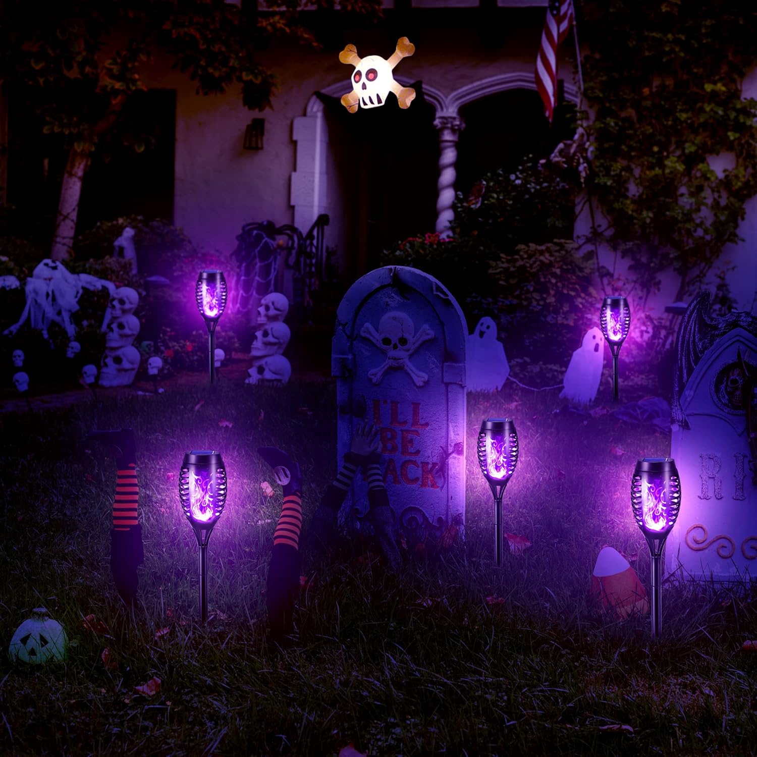 (Red) 6 Pack Solar Flickering Dancing Flame Lights Blue Waterproof Solar Torch Lights for Outdoor Garden Patio Pathway Yard Driveway Halloween Decorative