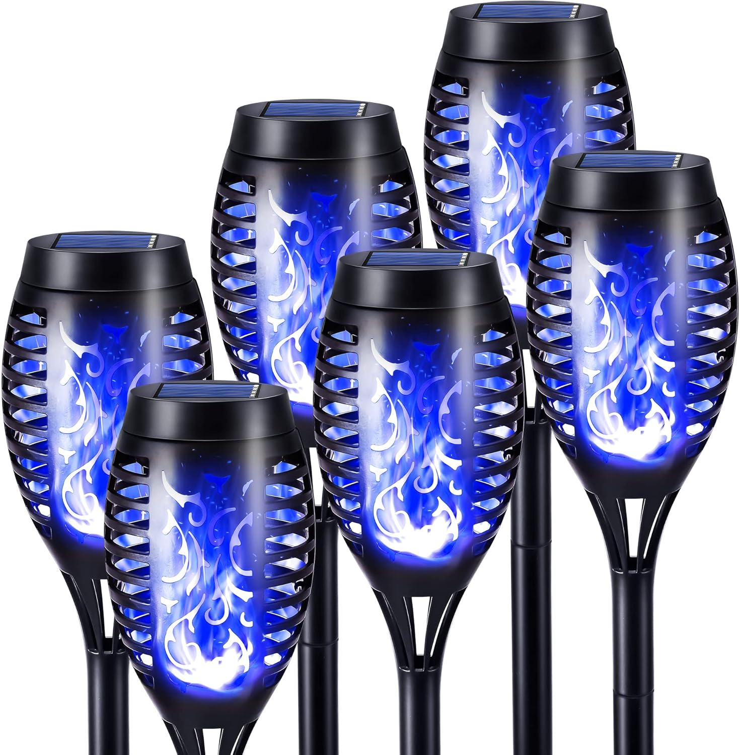 (Red) 6 Pack Solar Flickering Dancing Flame Lights Blue Waterproof Solar Torch Lights for Outdoor Garden Patio Pathway Yard Driveway Halloween Decorative