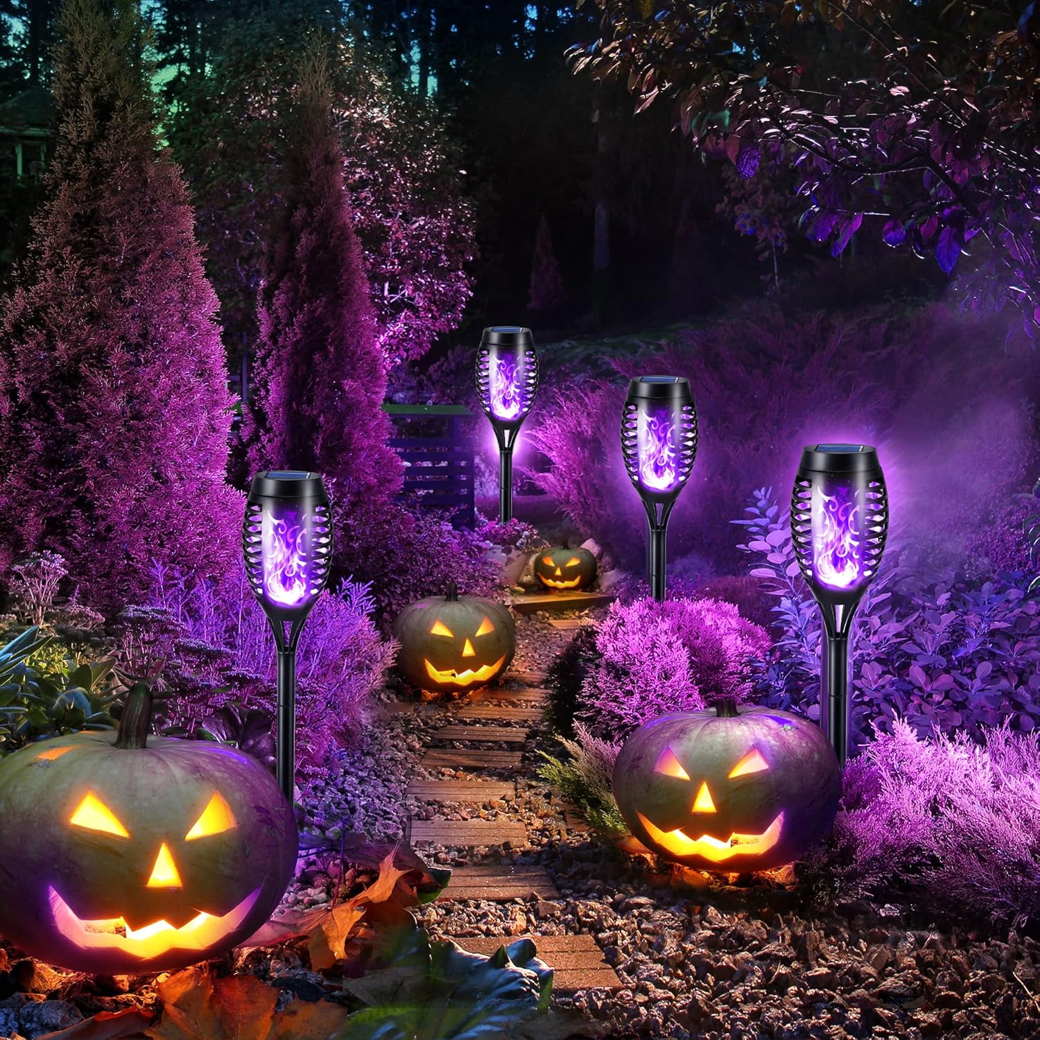 (Red) 6 Pack Solar Flickering Dancing Flame Lights Blue Waterproof Solar Torch Lights for Outdoor Garden Patio Pathway Yard Driveway Halloween Decorative