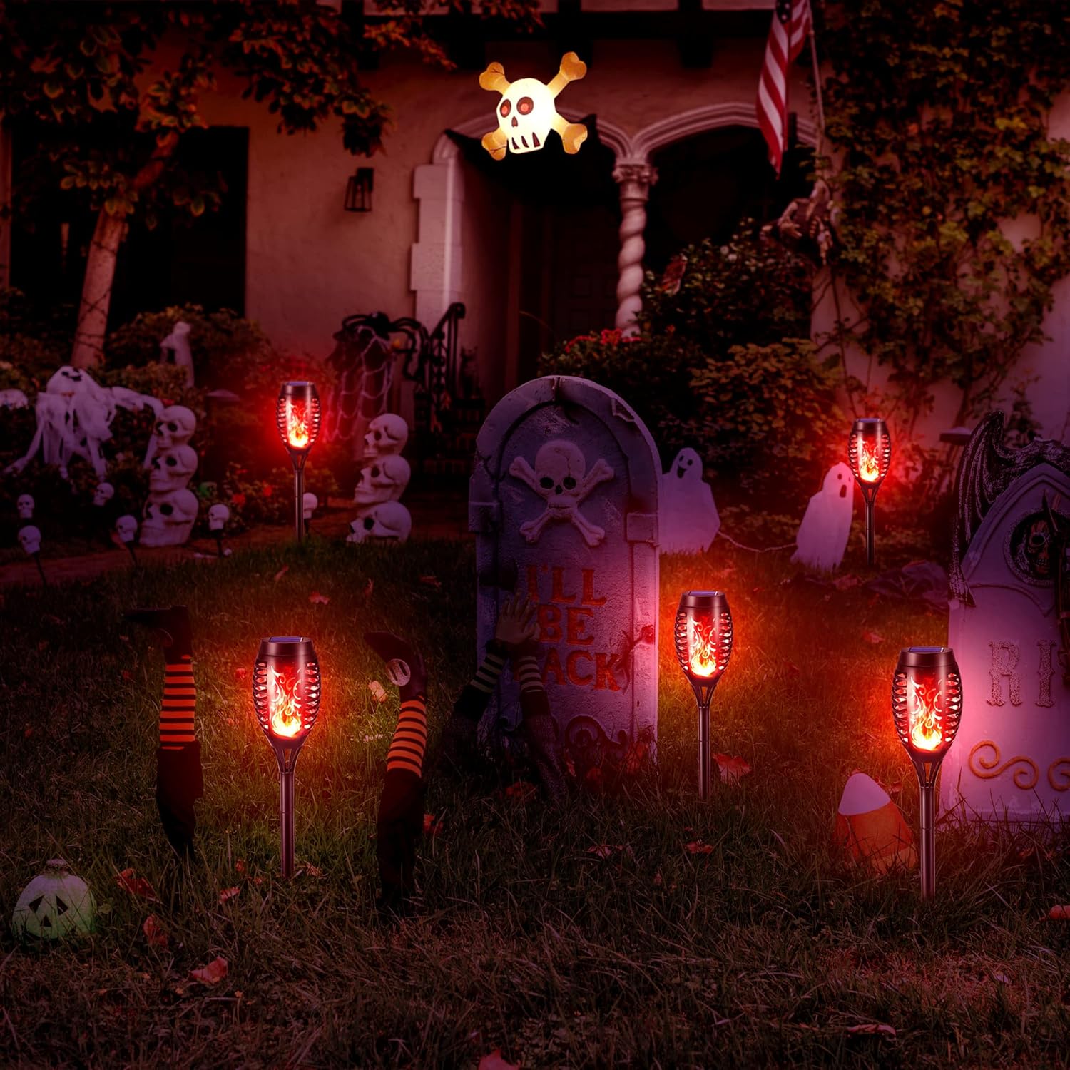 (Red) 6 Pack Solar Flickering Dancing Flame Lights Blue Waterproof Solar Torch Lights for Outdoor Garden Patio Pathway Yard Driveway Halloween Decorative